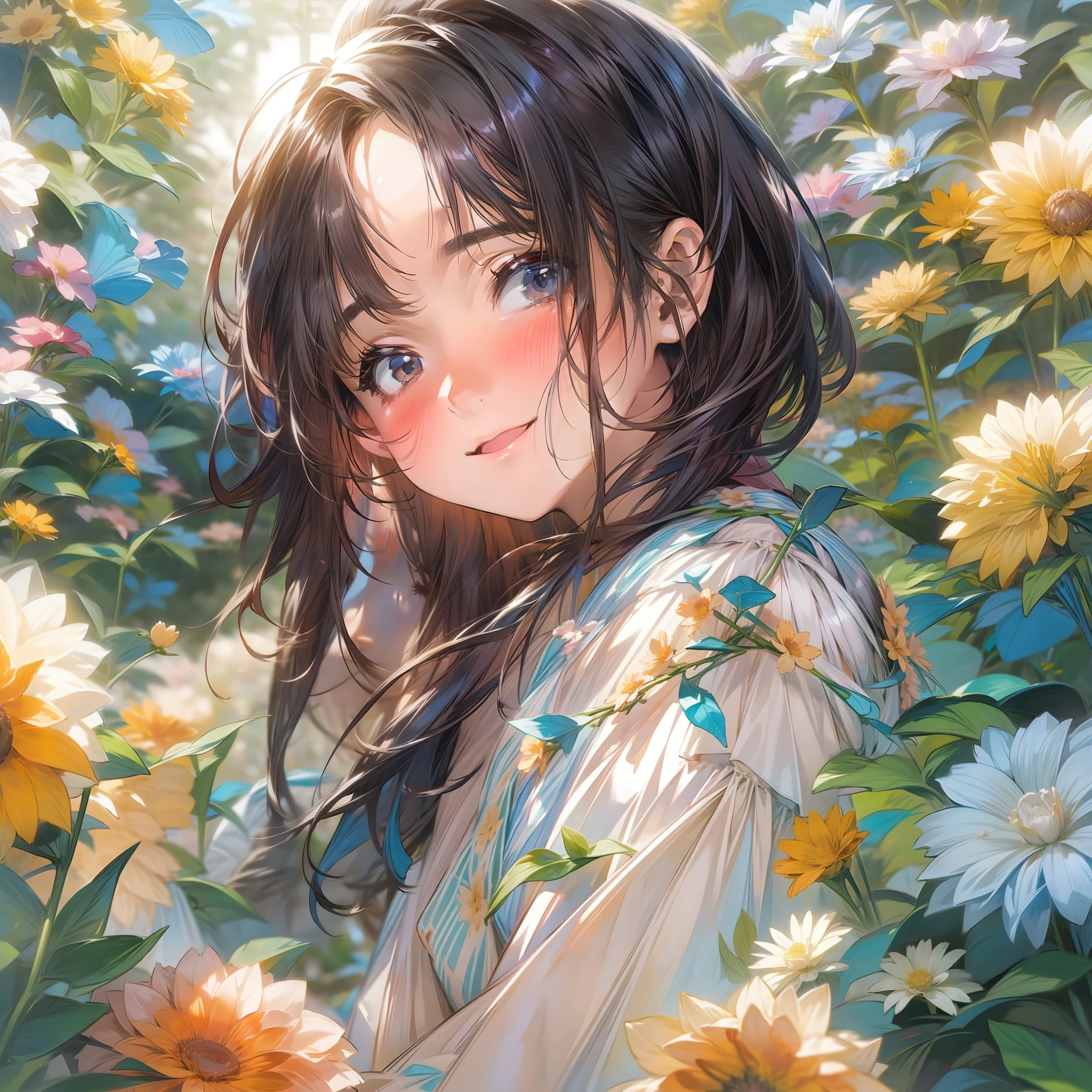 This 8K ultra-high definition illustration is、It depicts a girl waking up in a flower garden where the rising sun。Soft light flowers々and enveloping the girl、Makes you feel the beautiful beginning of the morning。

Colorful flowers in the background々A flower garden full of blooms spreads out、It shines in the morning sun。Vivid colors and rui々The scenery is、Qing of the morning々It expresses the spirit and vitality。

The subject is a young girl.、Her hair is a short bob with black hair.、The eyes have a pure blue color.。The girl saw the morning sun、I am happy as if I woke up with a smile。

Girl stands gracefully in the flower garden、I am struck by the beauty of nature。In her hand is a flower.、It makes you feel its beauty and fragility。

The background depicts a beautiful landscape of the rising sun、Symbolizes the beginning of a new day。The happy moment of a girl who wakes up in a flower garden、It will also give viewers a heartwarming impression.。