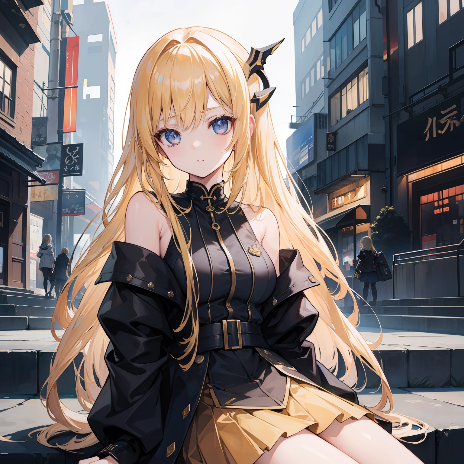 upper body closeup、cyberpunkcity、Girl sitting on the stairs、a blond、length hair、sface focus、Eyes of Gold、Witty and beautiful facial features、Black coat、Apricot skirt、Split Long Skirt、Embroidery pattern、dynamicposes、nffsw、Detailed Detailing、lo fashion、Cinematic Light、Detailed clothing texture、GameCG、Bright art style、 real shadow、a moon、Oblique angle