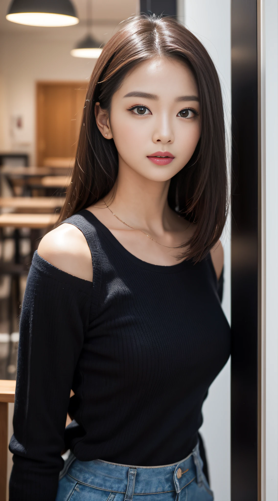 ((best qualtiy、8k masterpieces:1.3))、foco nítido:1.2、(ultra beautiful faces:1.0)、(shinny skin:1.0)、photos realistic、A dark-haired、Video Lighting、High-definition eyes and face、Video Lighting、(Korean Cute Actress)、from the front side、medium large breasts、ssmile、Sleeveless、Slender Abs Beauty、Wearing a tar-neck knitted shirt