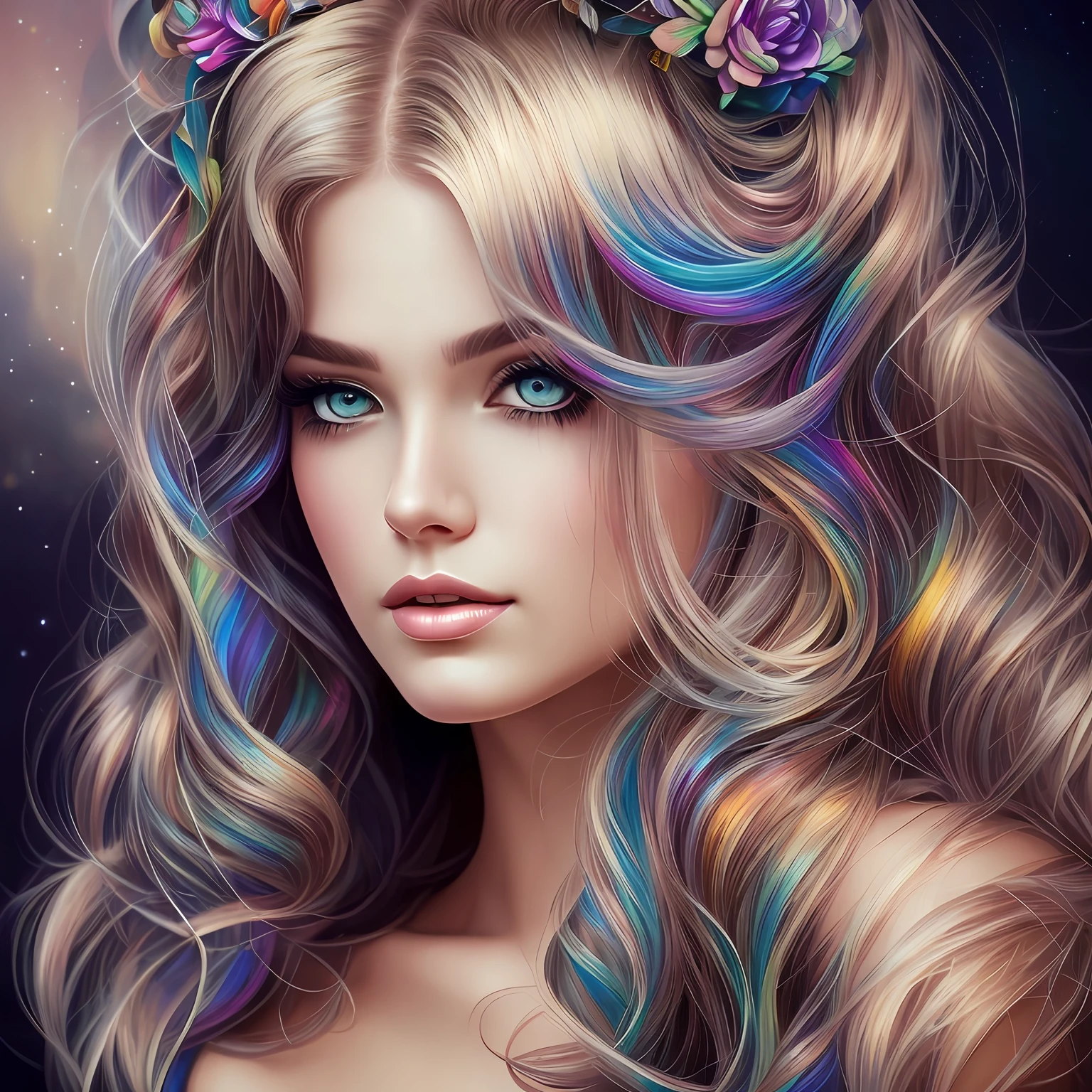 Noir painting of a beautiful woman with big, wild wavy rainbow hair; hyper-realistic long lashes, hyper-detailed fantasy art; elegant, intricate, detailed, symmetrical, ethereal, iridescent, 16k face, by Artgerm, WLOP"