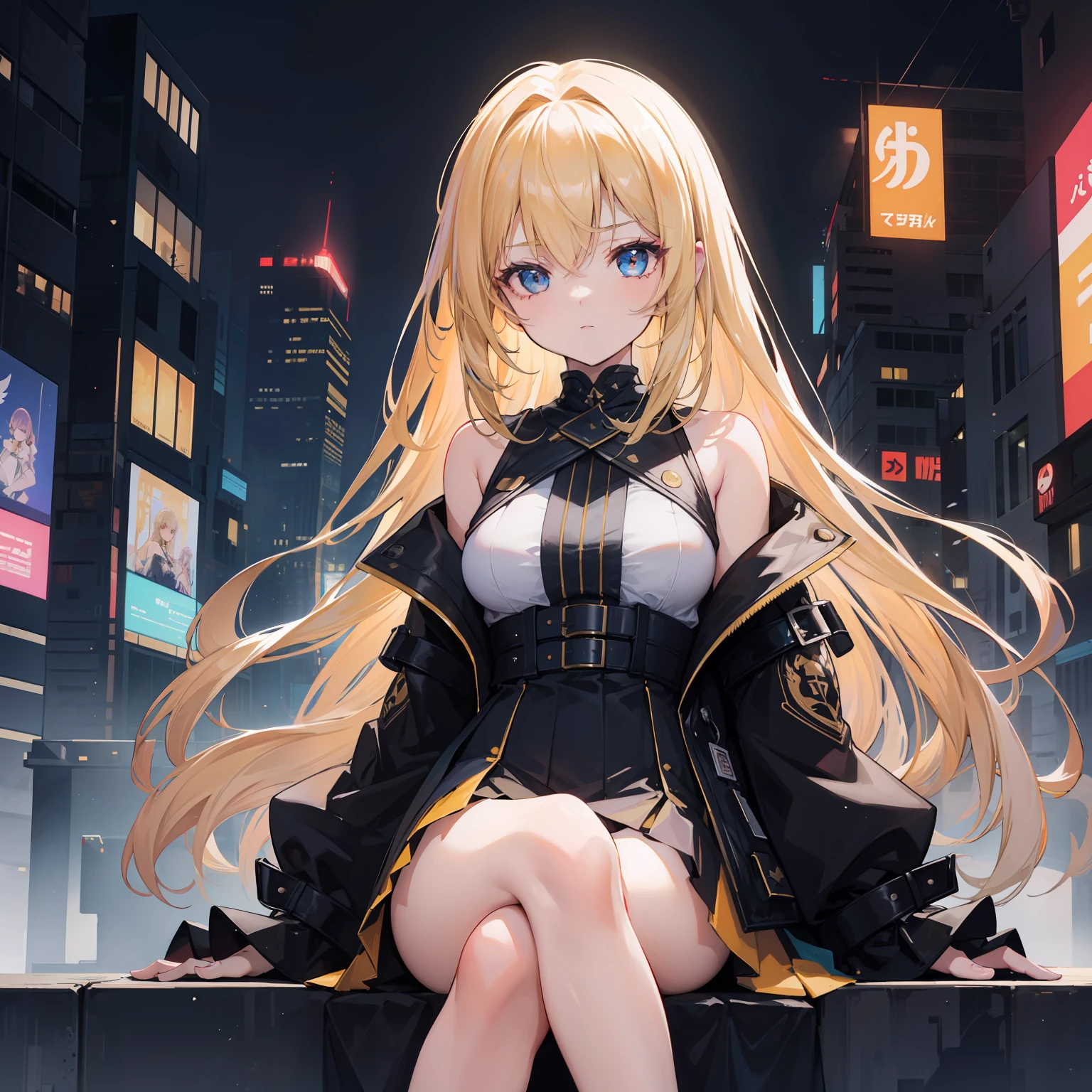 upper body closeup、cyberpunkcity、Girl sitting in front of wall、a blond、length hair、sface focus、Eyes of Gold、Witty and beautiful facial features、Black coat、Apricot skirt、Split Long Skirt、Embroidery pattern、dynamicposes、nffsw、Detailed Detailing、lo fashion、Cinematic Light、Detailed clothing texture、GameCG、Bright art style、 real shadow、a moon、natta