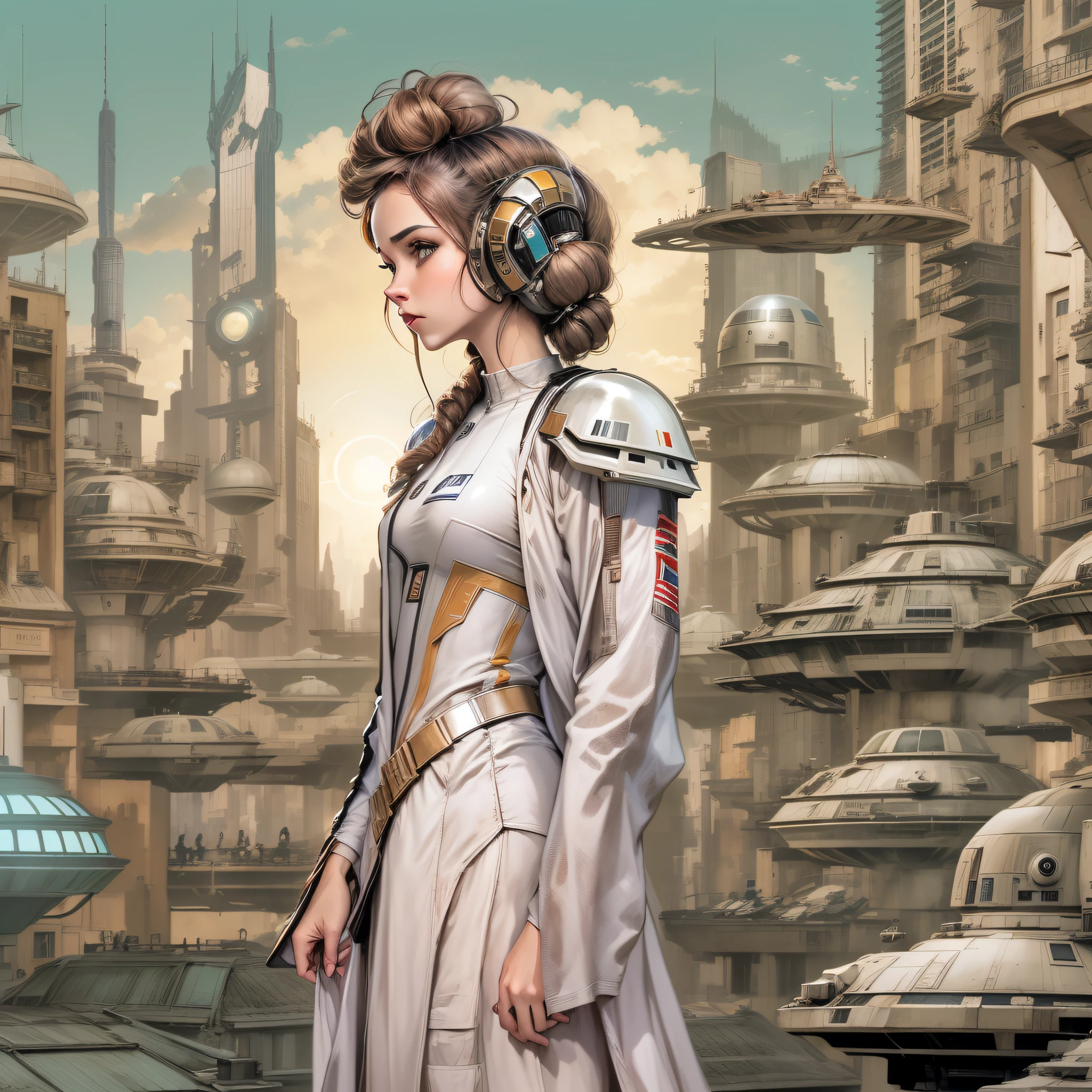 en estilo comic, la princesa leia y su escolta imperial, pasean por las calles de la ciudas de coruscant, con inmensos edificios tecnologicos, y sus naves voladoras,con todo el ambiente y estilo star wars.