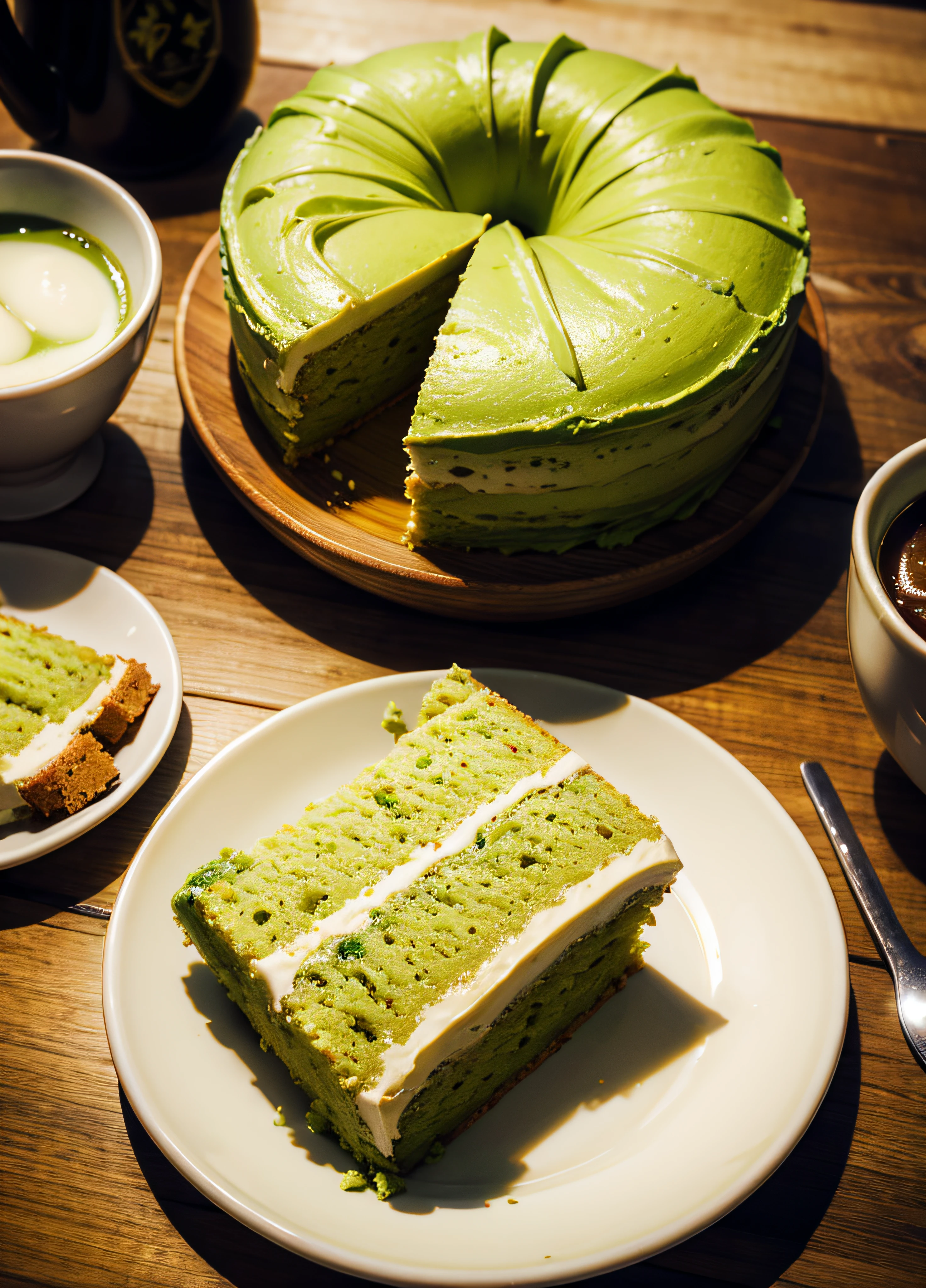 delicious matcha cake, photorealistic, yummy