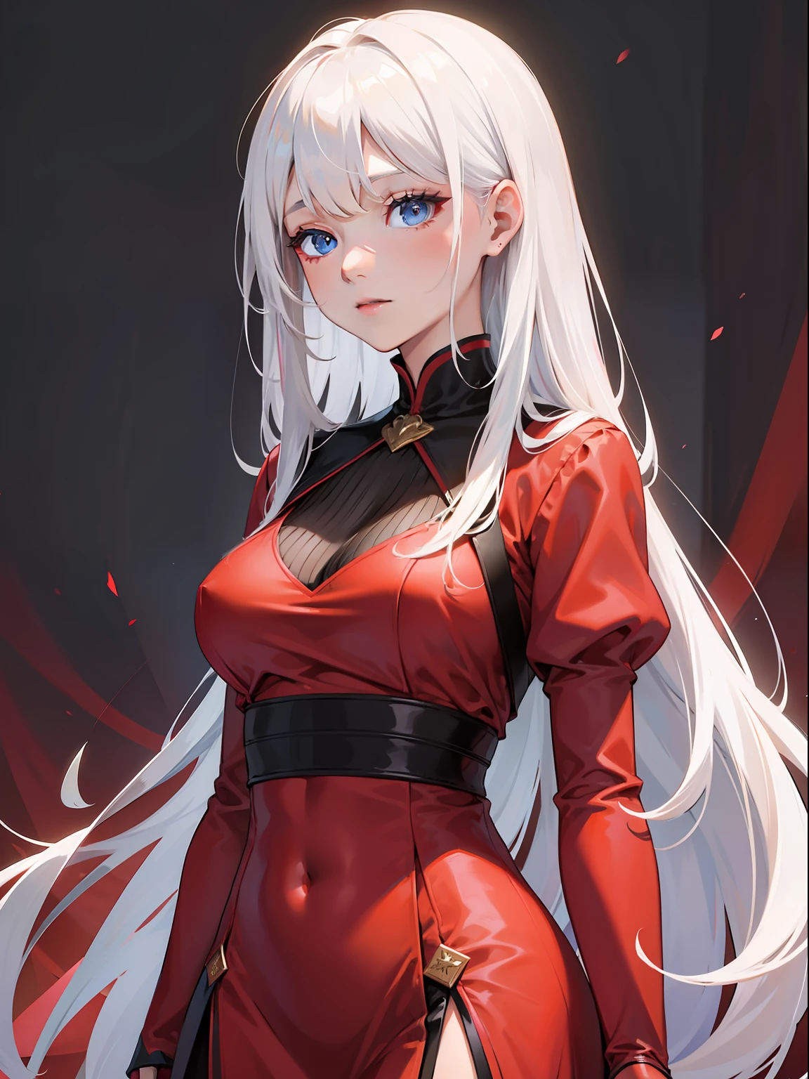 masterpiece, best quality, high quality, one woman, long hair, bangs, long red dress, well lit, portrait, looking straight ahead, white hair, half body, blue eyes