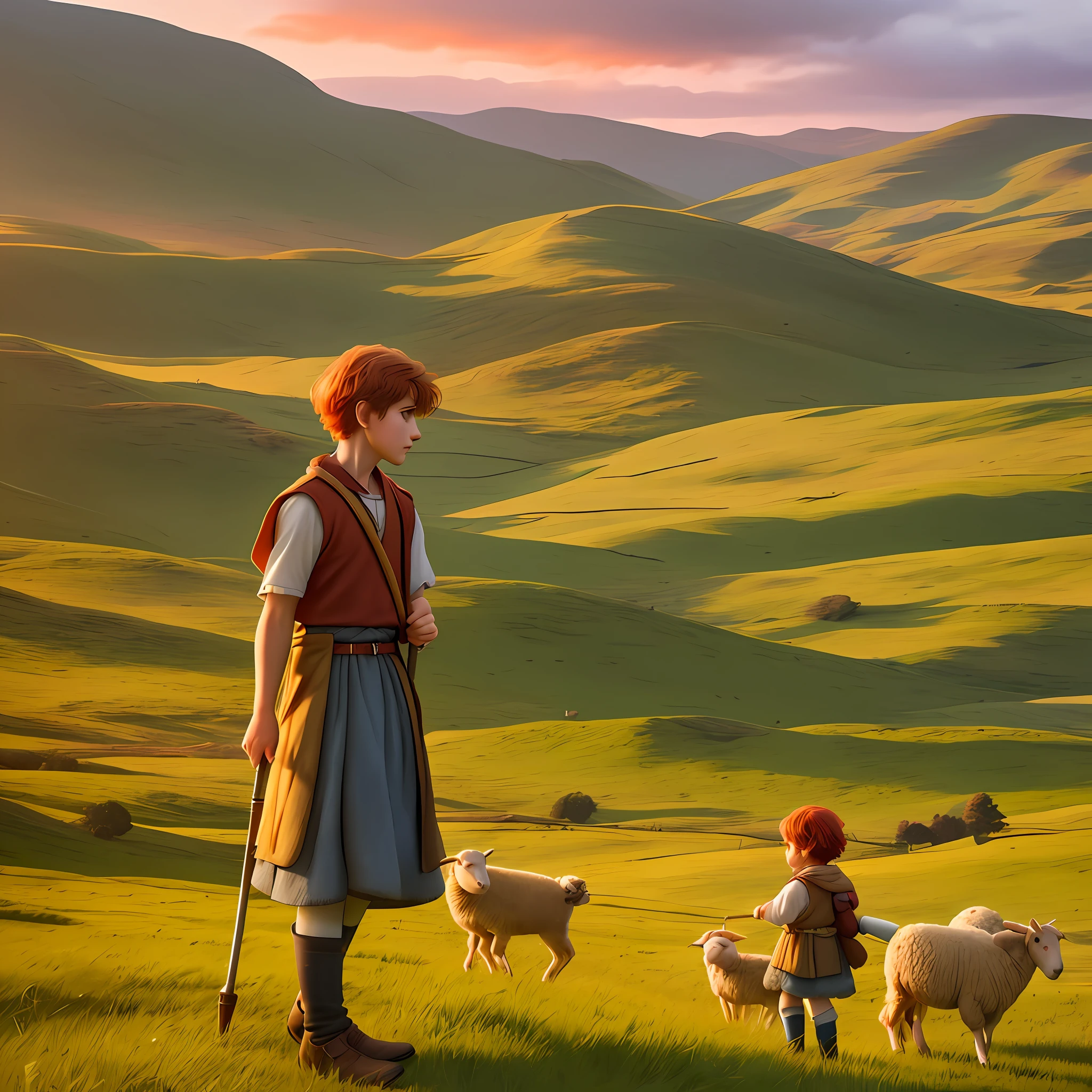 a young shepherd boy, red-haired sheep shepherd boy, with a staff in his hands, taking care of sheep, countryside background scenery, evening lighting, children's digital drawing, super realistic