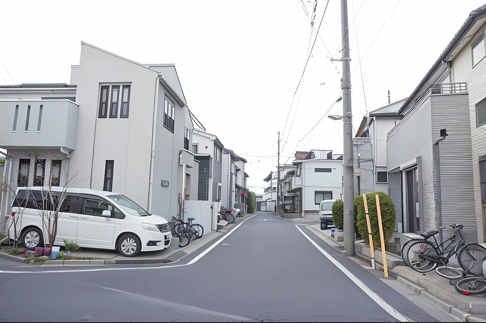 A white van is parked on the side of the road, Residential area, japanese neighborhood, japanese street, single street, photograph of the city street, quiet street, Houses and roads, taken with sigma 2 0 mm f 1. 4, Modern Street, 2 4 mm iso 8 0 0, sloped street, Tokyo - esque town, Street parking