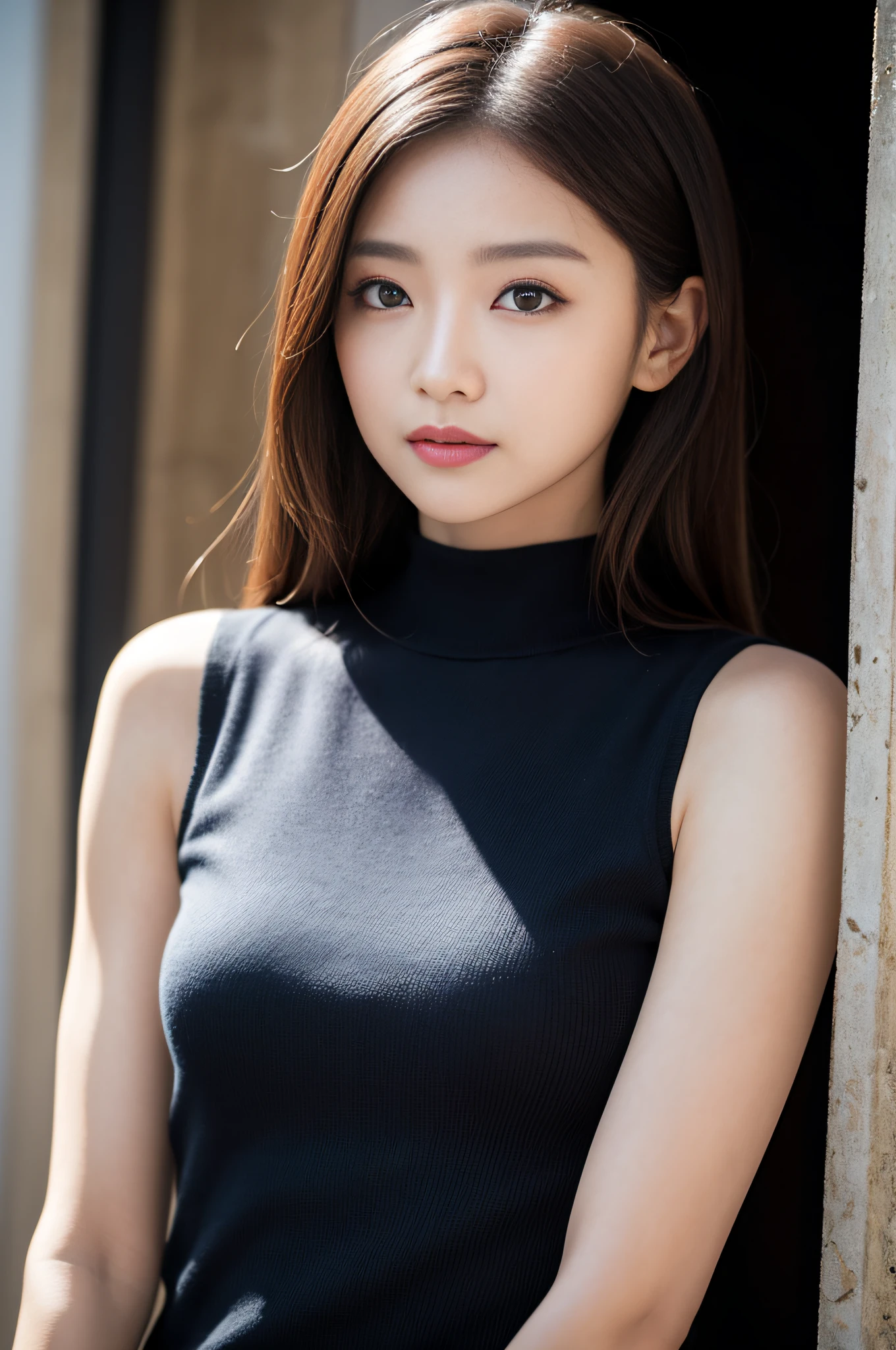 ((best qualtiy、8k masterpieces:1.3))、foco nítido:1.2、(ultra beautiful faces:1.0)、(shinny skin:1.0)、photos realistic、A dark-haired、Video Lighting、High-definition eyes and face、Video Lighting、(Korean Cute Actress)、from the front side、medium large breasts、ssmile、Sleeveless、Slender Abs Beauty、Wearing a tar-neck knitted shirt