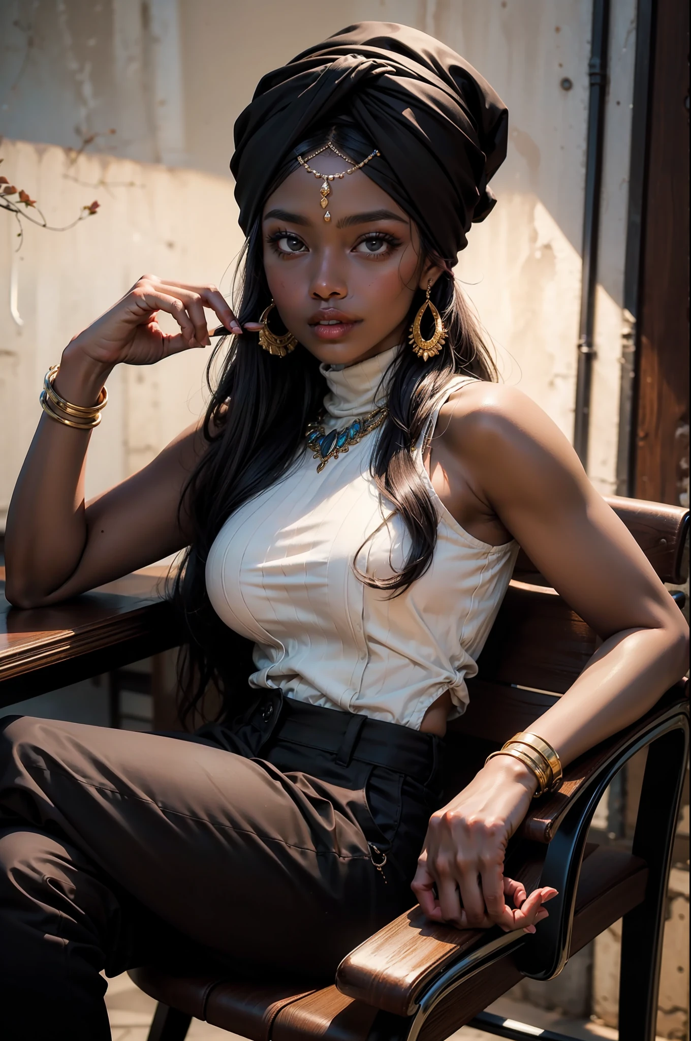 (ultra realistic, masterpiece) A young woman ((chocolate skin)) ((wearing a turban headband)) with flowing (black hair) sits in a chair wearing ((black pants)), ((detailed face)), detailed line body
