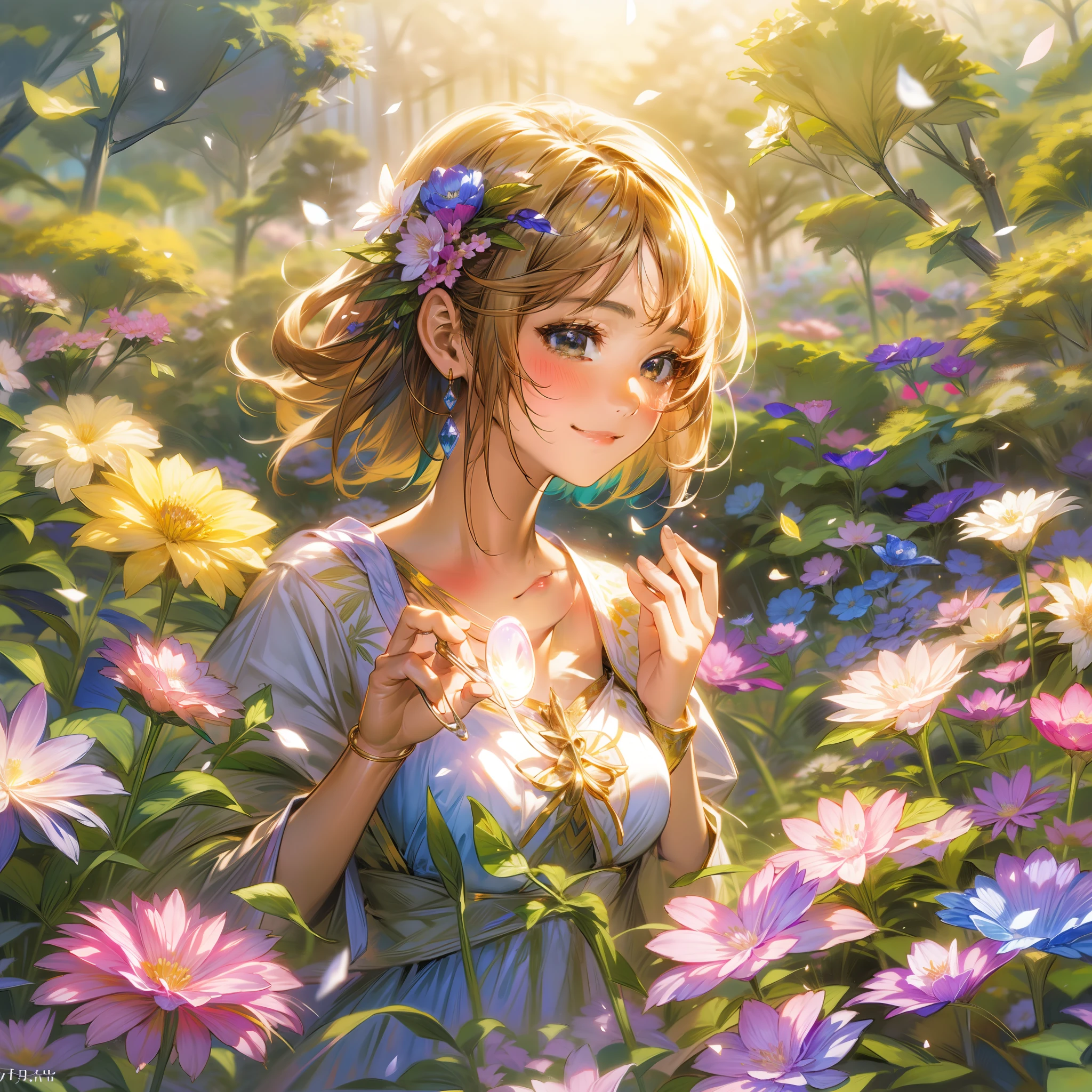 Morning light pours down on the flower field、Beautiful flowers々is an 8K ultra-high-definition illustration depicting a scene that sways gracefully.。A wizard girl stands in the center of a flower garden surrounded by the morning sun、Flowers using magical powers々is dancing。

Colorful flowers on the background々A beautiful flower garden spreads out。Morning dew blossoms々Glitter and shine in、Birds singing。Morning light pours down on the flower field、It creates a fantastic atmosphere。

The subject is a girl standing in the center of a flower field.、She is dressed in bright costumes、Flowers on the head々with a ribbon decorated with。Her hair is a short, crisp short bob.、The inner color shines colorfully。

Girl holding magic wand in hand in graceful pose、The appearance that shines in the morning sun highlights the beauty.。Petals and particles of light dance around her、It's as if magical powers envelop the flower garden。

The figure of a girl who uses magic in a flower garden illuminated by the morning sun、It is a fantastic and enchanting sight as if you have wandered into a dream.。Her smile and magical powers make the flower garden even more gorgeous、It will give a warm impression to the viewer's heart.。