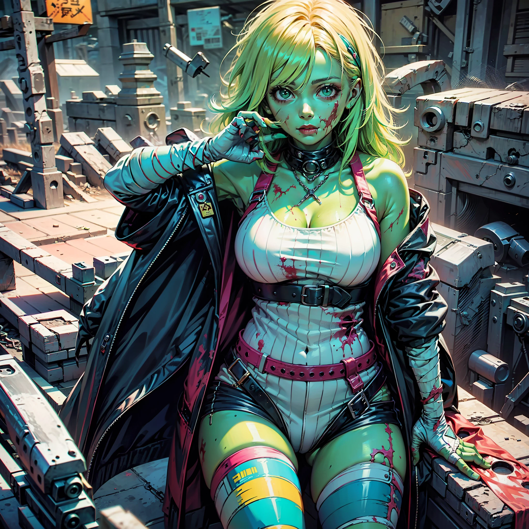 1girl, zombie, colorful, pink and green skin, colored skin, white clothing, full of stitches, has bandaids in face and shoulder, bandages in arms and legs, her clothes are ripped. the piece is SFW