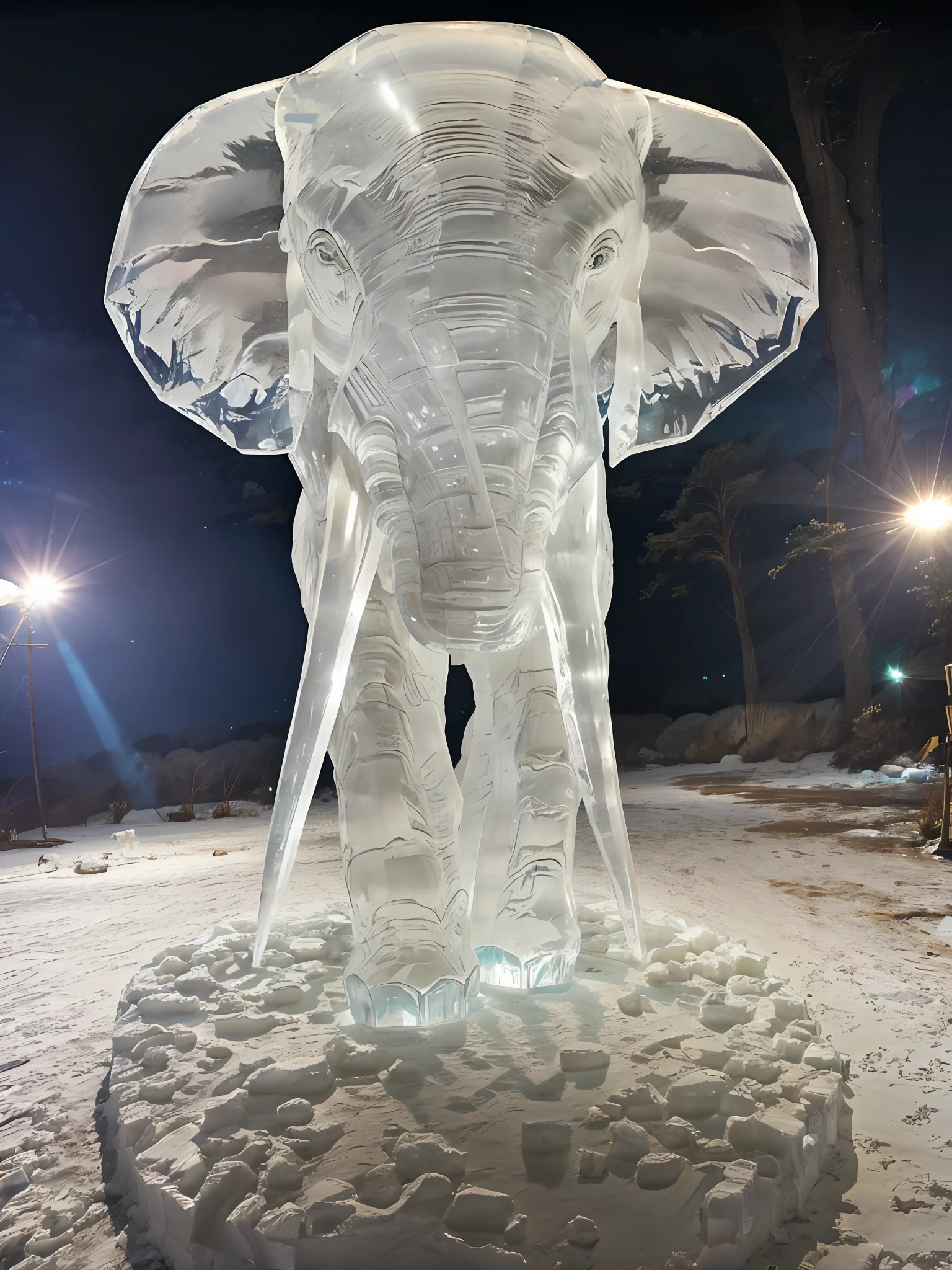 there is a large elephant statue made of ice on a snowy surface, made of ice, frozen ice statue, everything is made out of ice, ice sculpture, female made of ice, ice - carving, master of ice, made out of clear plastic, icy, armor made of ice, cold as ice! 🧊, ice lord, frozen like a statue