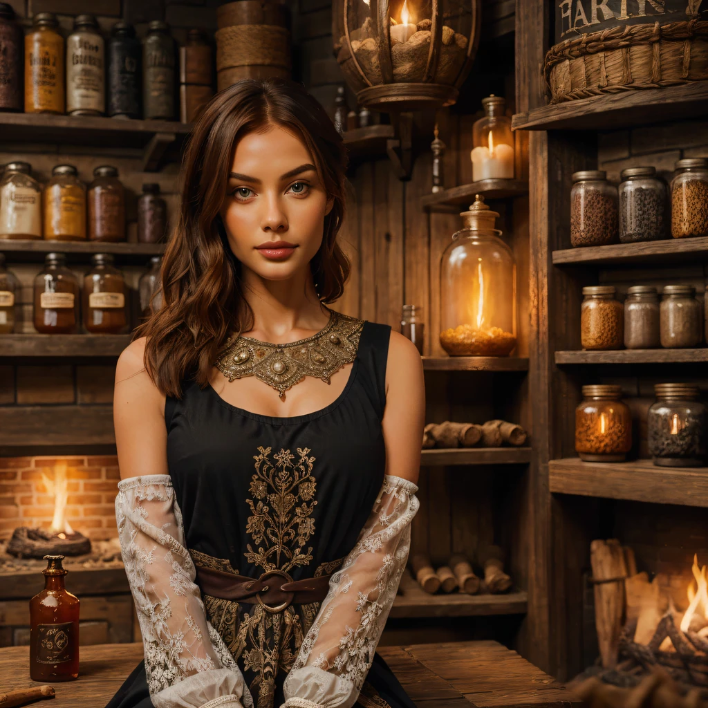 beautiful ginger women in detailed dress at cozy detailed potions shop, air above hair, IPA award wining, masterpiece