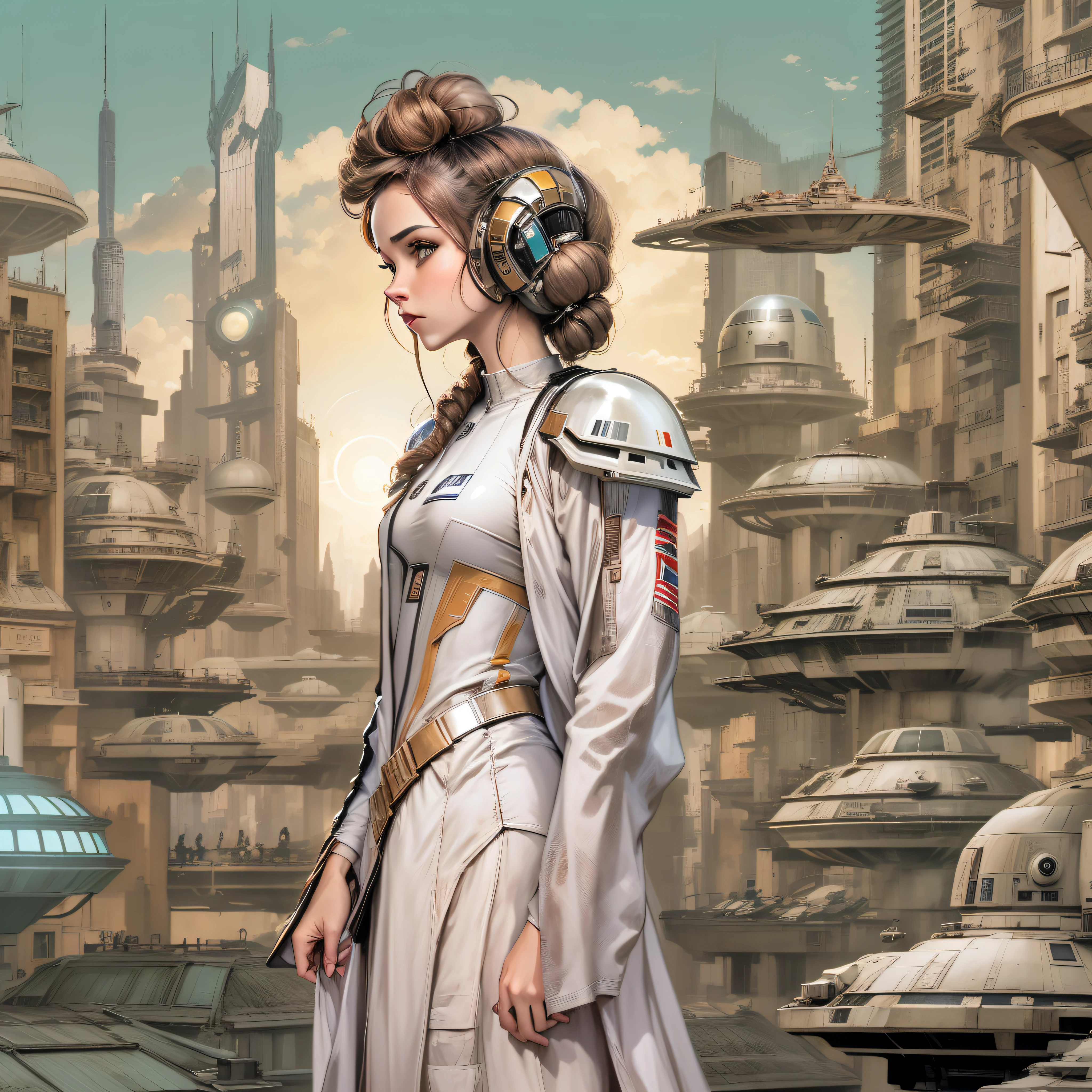 en estilo comic, la princesa leia y su escolta imperial, pasean por las calles de la ciudas de coruscant, con inmensos edificios tecnologicos, y sus naves voladoras,con todo el ambiente y estilo star wars.