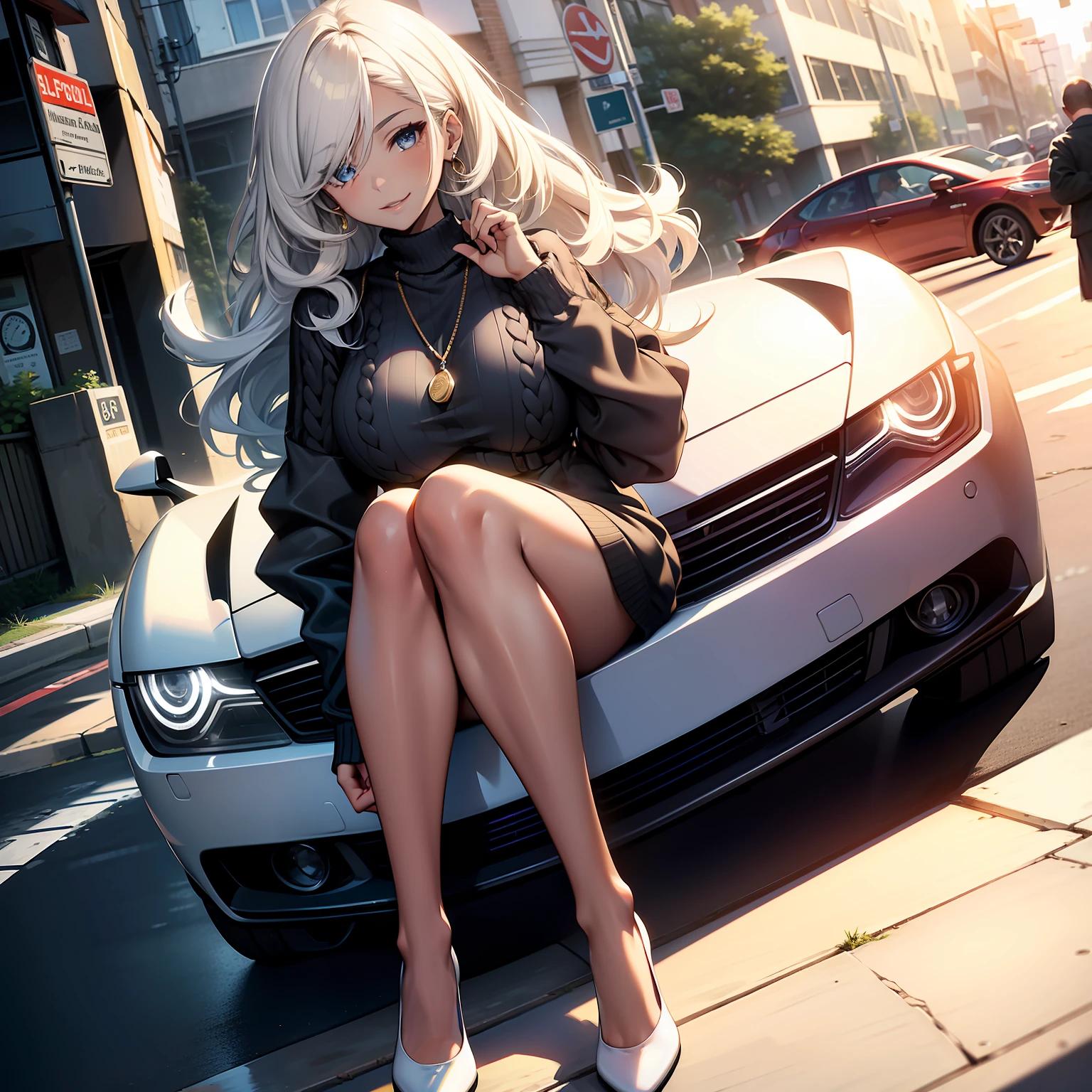 ((Best Quality, 8k, Masterpiece:1.3)), Focus:1.2, Perfect Body Beauty:1.4, Buttocks:1.2, ((Delicate Hair)), (Sweater Dress:1.1) , (Sports car, street: 1.2), Highly detailed face and skin texture, Detailed eyes, Double eyelids, whitening skin, Big breasts, smile, wearing necklaces, rings, people sitting in cars with their buttocks up,