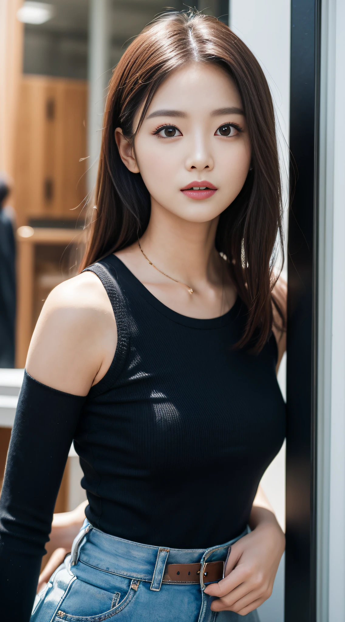 ((best qualtiy、8k masterpieces:1.3))、foco nítido:1.2、(ultra beautiful faces:1.0)、(shinny skin:1.0)、photos realistic、A dark-haired、Video Lighting、High-definition eyes and face、Video Lighting、(Korean Cute Actress)、from the front side、medium large breasts、ssmile、Sleeveless、Slender Abs Beauty、Wearing a tar-neck knitted shirt