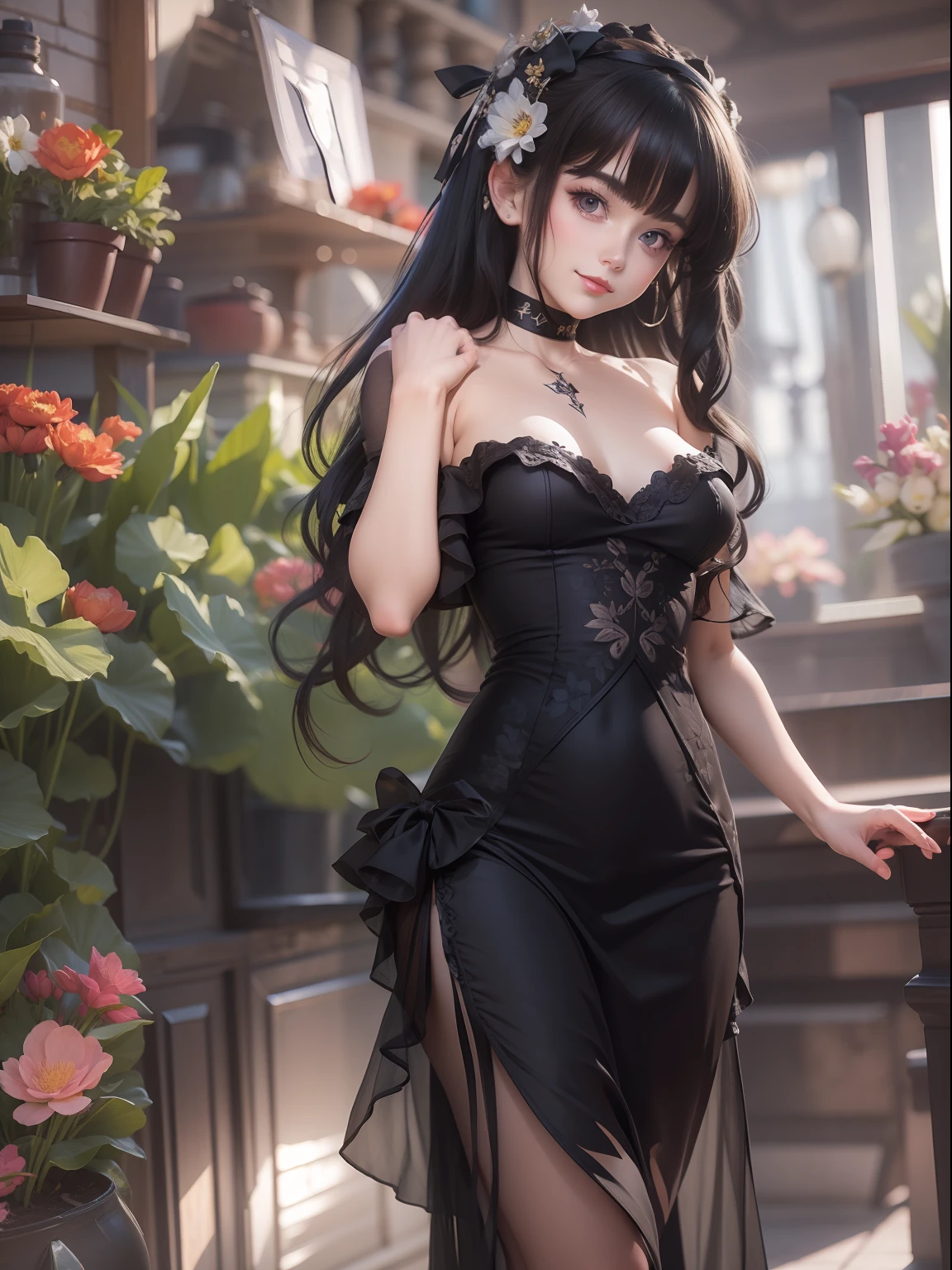 1girl, solo, long hair, dress,looking at viewer, choker, black dress, strapless, black hair,
bangs, strapless dress, bare shoulders, smile,flower, indoors, black eyes, lips,
small breasts, hair ribbon, black choker, plant, off shoulder, collarbone, ribbon,
closed mouth, two side up, black eyes, short dress, cowboy shot , (skinny:1.3),curvy,
(masterpiece), (best quality), (ultra-detailed),(UHD), high details, super detail, high quality,
4K, 8k, 16k, best quality,, (high detailed skin:1.2), textured skin,(Beautiful face:0.3)