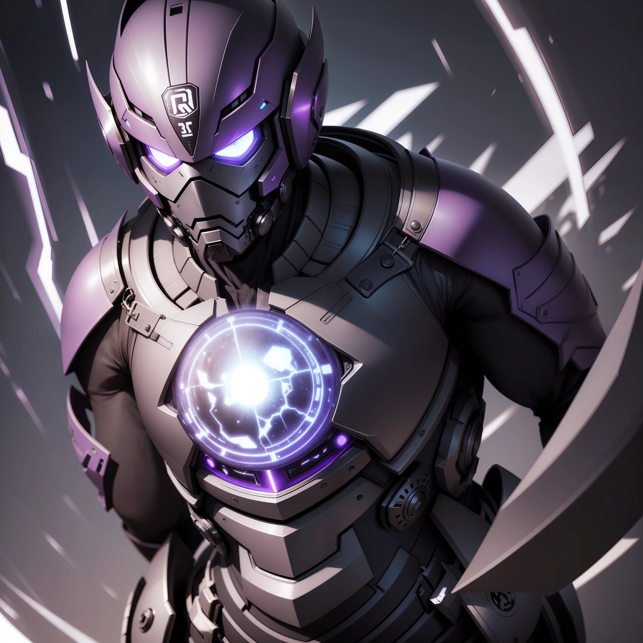 Um homem alto e forte numa armadura futurista roxa, (ultra realista), capacete cobrindo todo o rosto de corpo todo, olhos roxo escuro, segurando uma foice,