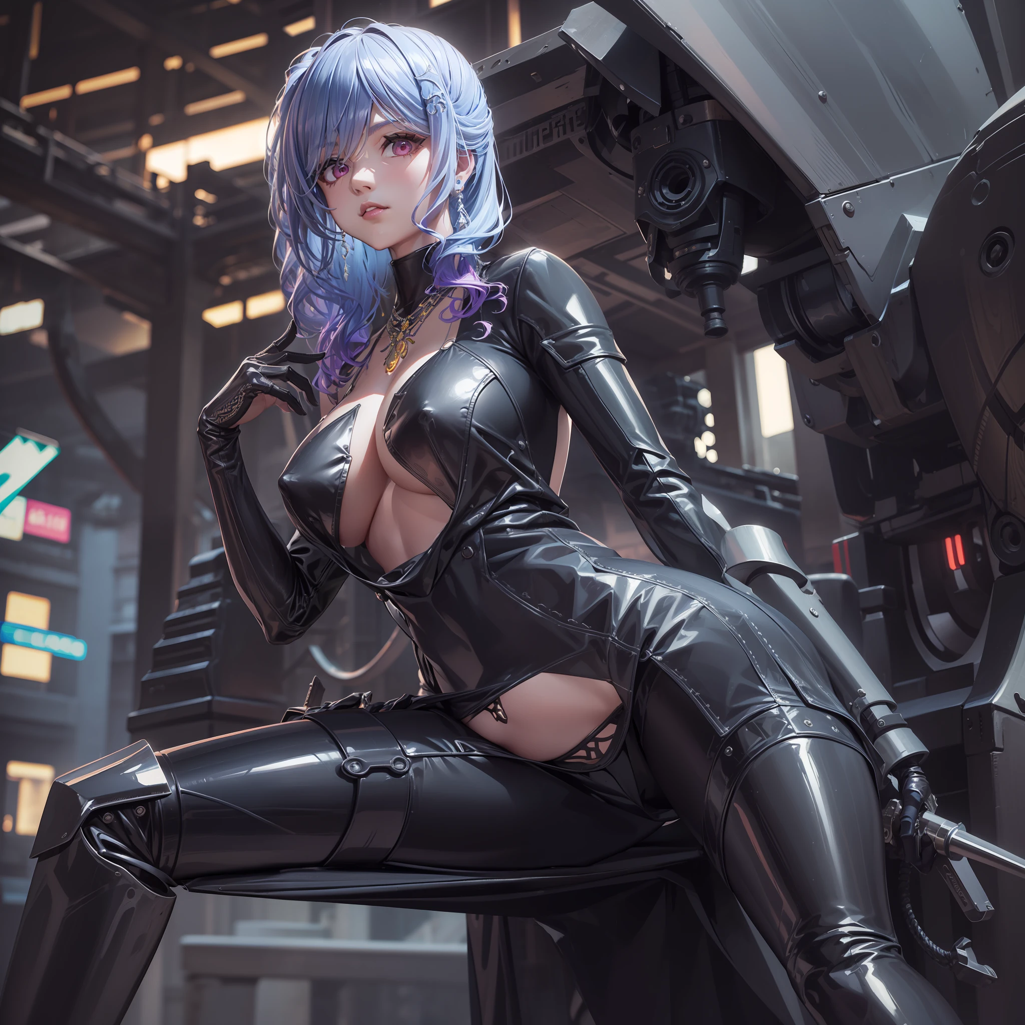 ((NIER 2b Automaton)) 
(Foto RAW, Calidad superior, Obra maestra: 1.2), Disparo de vaquero, (realista, fotorrealista: 1.4), (Obra maestra: 1.4), (highest qualityr: 1.4), (Super detailed), ((alto contraste)), (high saturation), (Hermosos ojos de detalle), ((muy delicado y hermoso)), (manos encantadoras, Manos perfectas), (Cyber City mechanics in the background), Una chica, solamente, flequillo, asymmetrical bangs, Hermoso cabello de vidrio detallado, sonrojarse, bodysuit, Guantes negros, pecho, Pose de conejito, Ropa de escritura, Ombligo cubierto, Disparo de vaquero, Al aire libre, Ingesta de cabello, Traje imposible, Ropa imposible, latex, Latex swim, Cabello largo, manga larga, Ver visor, Grande, Bikini de cuero negro, cyber suit, ojos verdes, Ropa brillante, encogerse de hombros, Bloqueo lateral, piel tensa, escote, barriga, Brecha entre el muslo, muslo, Colas gemelas,cabello canoso, (piel brillante), real, Cybernate_Jawless, Machine Parts, Cybernate, Urbansamurai_v0.3, APAGADO_robot, robot, Mechaware, tatuaje