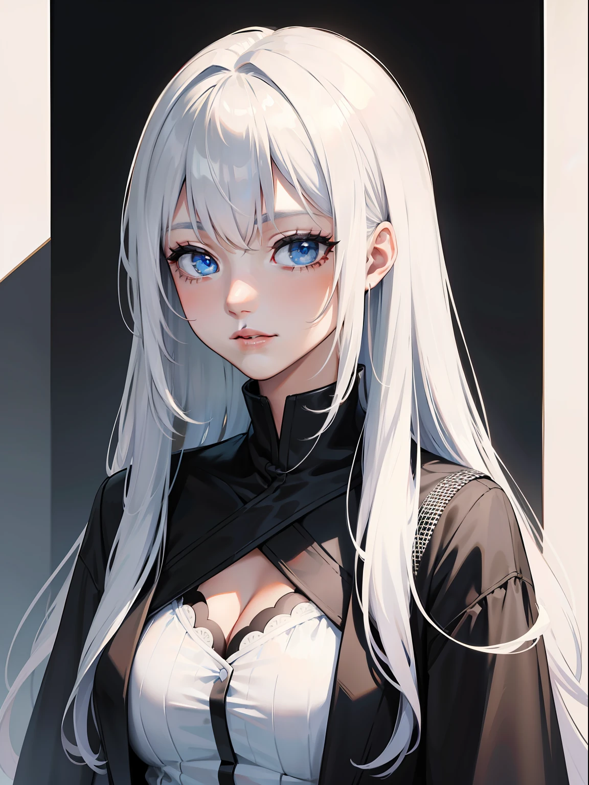 masterpiece, best quality, high quality, one woman, long hair, bangs, modern clothing, well lit, portrait, looking straight ahead, black and white, half body, white hair, blue eyes