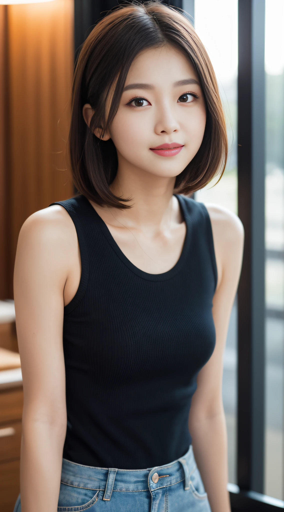 ((best qualtiy、8k masterpieces:1.3))、foco nítido:1.2、(ultra beautiful faces:1.0)、(shinny skin:1.0)、photos realistic、A dark-haired、Video Lighting、High-definition eyes and face、Video Lighting、(Korean Cute Actress)、from the front side、medium large breasts、ssmile、Sleeveless、Slender Abs Beauty、Wearing a tar-neck knitted shirt