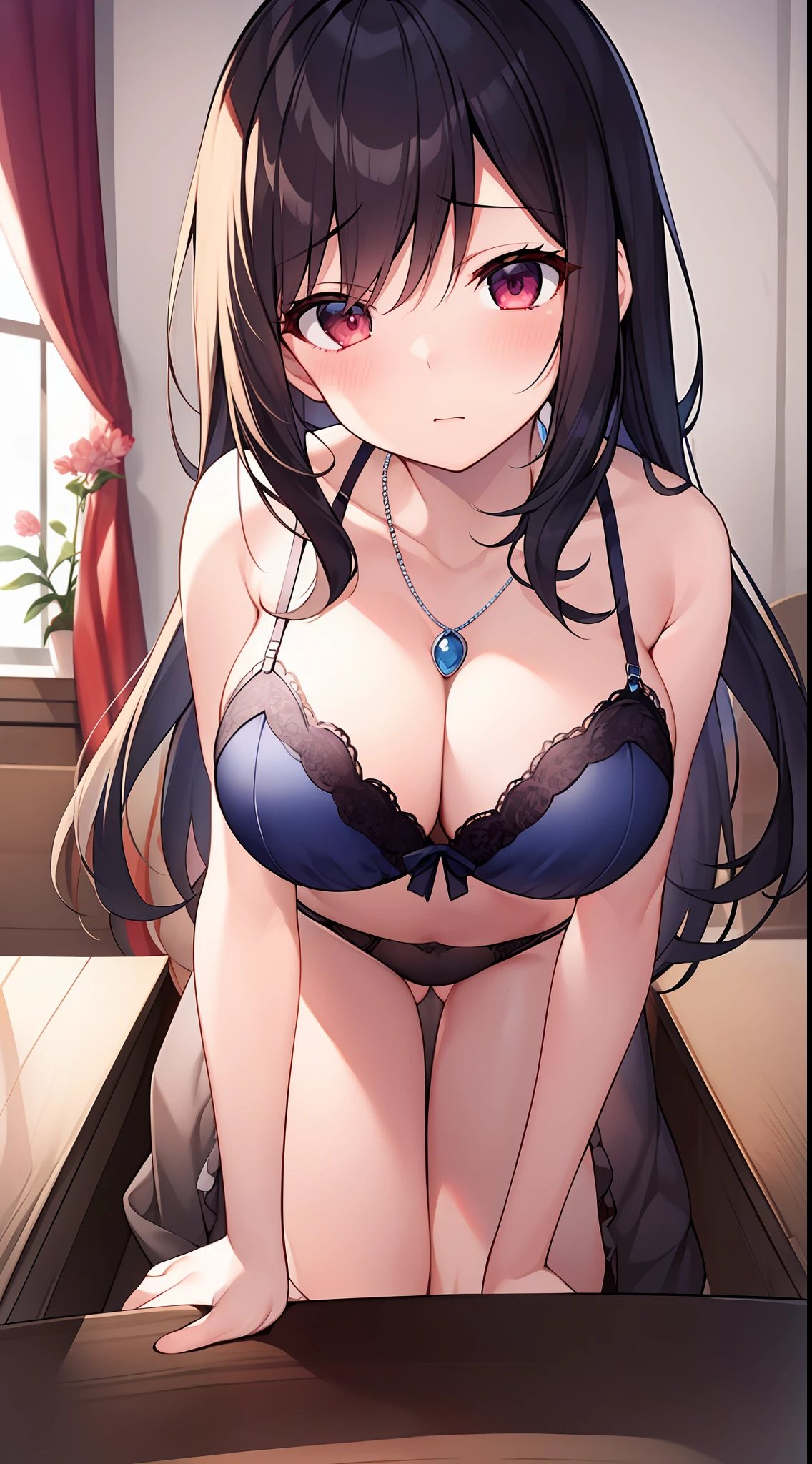 great masterpiece、Super delicate、1girl in、Maids、in one's underwear only、Dark blue lingerie、a necklace、large full breasts、all-fours、to close range、proximity、Kamimei、Looking up at me、red blush、Embarrassing、Troubled face、