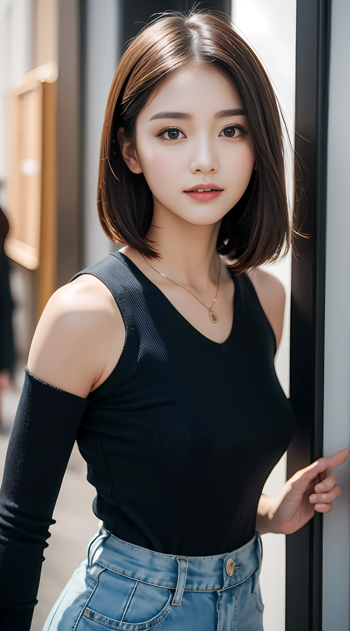((best qualtiy、8k masterpieces:1.3))、foco nítido:1.2、(ultra beautiful faces:1.0)、(shinny skin:1.0)、photos realistic、A dark-haired、Video Lighting、High-definition eyes and face、Video Lighting、(Korean Cute Actress)、from the front side、medium large breasts、ssmile、Sleeveless、Slender Abs Beauty、Wearing a tar-neck knitted shirt