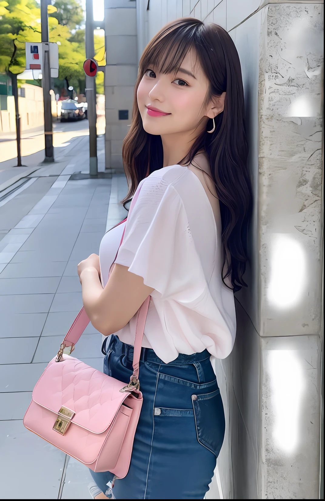 Pink small underwear、Leather Shoulder Bag、dynamicposes、 Under the shot of the hips、haunting smile、moist lips、calamus、pupils are rounded、Pupils reflect their surroundings、Eyes are not the same size、hoop earings、 Middle eyes、perfect eyes、Teary-eyed、thick bangs、Thin leg、Skin in the details、Visible Pore、large full breasts、 Pink lip makeup、Leaning against the wall of a university building near University Avenue、Japan girl at 19 years old with leather bag slung over her shoulder、超A high resolution、Photorealsitic、realisitic、front lit、profetional lighting、top-quality、Photorealsitic、photon maping、Radio City、physically-based renderingt、auto white balance、technological sense、top-quality、masterpiece、illustratio、CG、Unity、wall-paper、 Official Art、astonishing、finely detail、extremely delicate and beautiful、ighly detailed、ighly detailed、foco nítido、Rich background、blurry backround、Strong sunlight、realperson、a picture。
