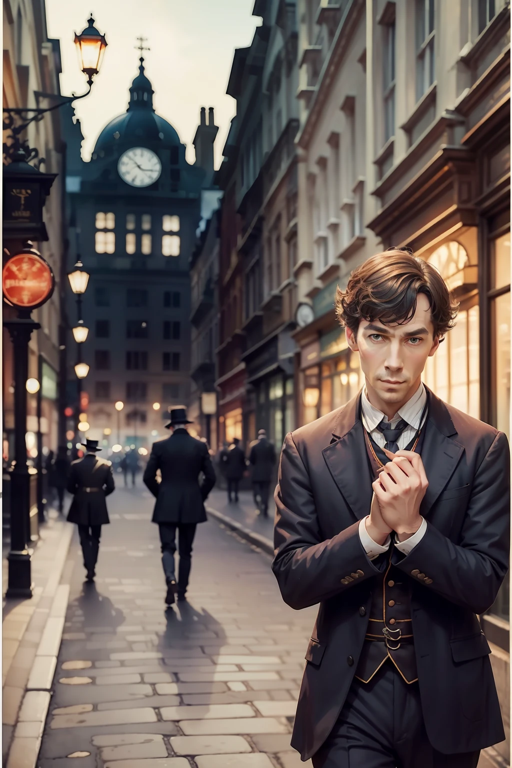 Silhouette Touch、watercolor paiting、Two male detectives、Differences in physique、Sherlock Holmes、Dr. Watson、Nightmare on Baker Street、British Suit、London、Late 19th century