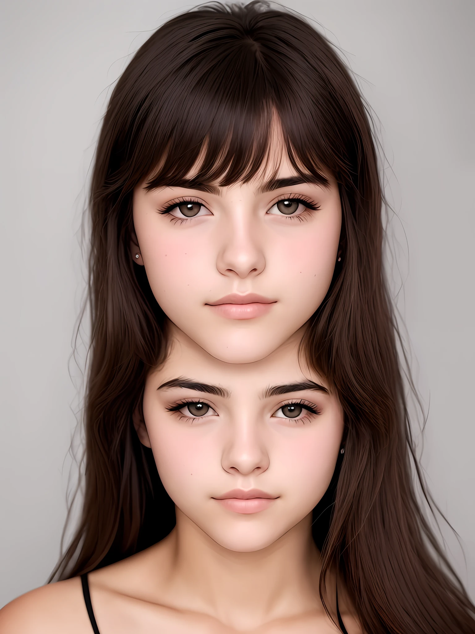 Rosto de garota, branca, 17 anos, realista, cabelos pretos, cacheados