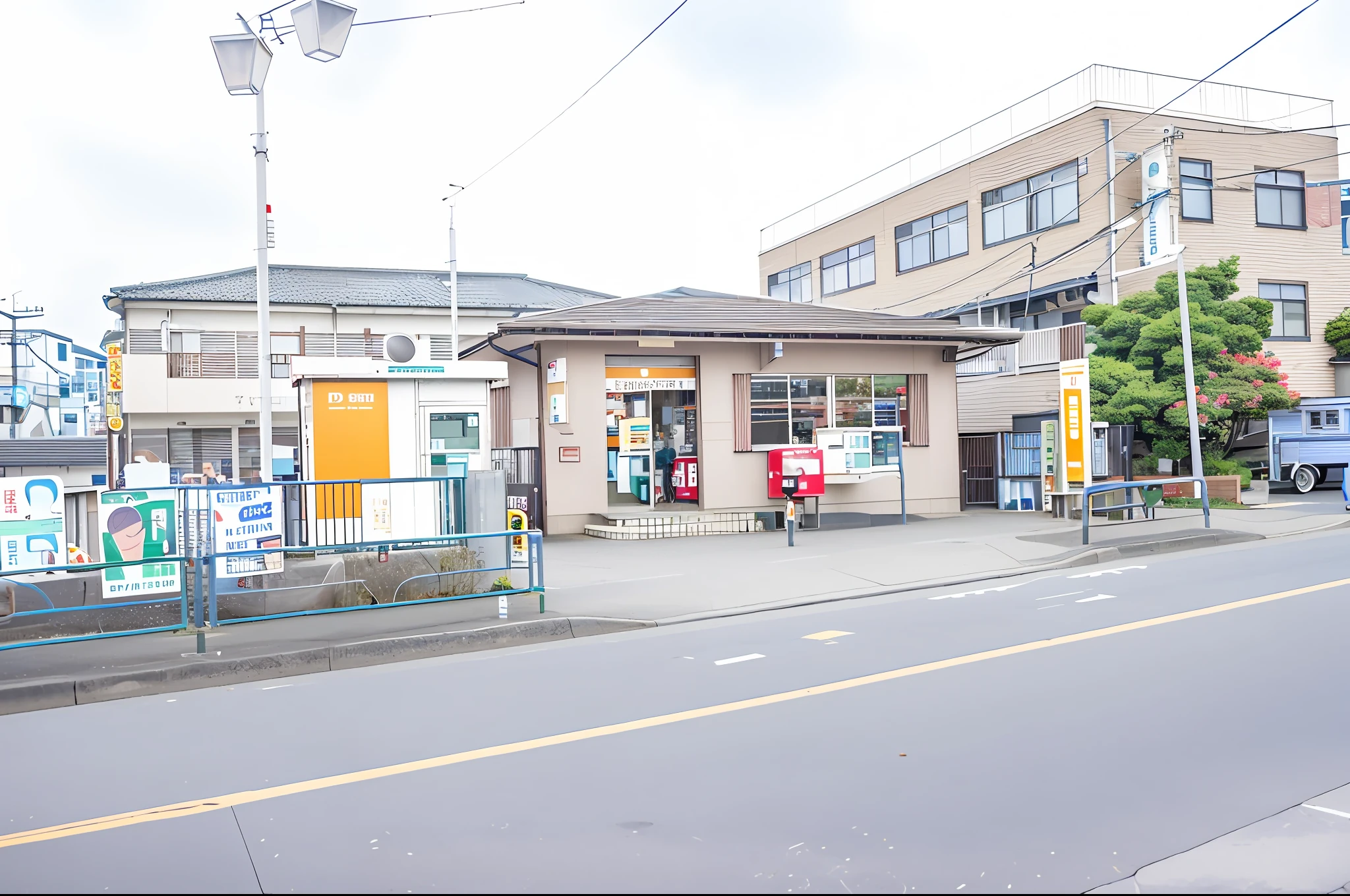 There is a small shop on the side of the road, convenience store, street corner, station, gas station, by Kamagurka, bus station, shogakukan, Deep Images, taken with sigma 2 0 mm f 1. 4, set in tokyo bank parking lot, taken in the early 2020s, tome, yoshikata amano