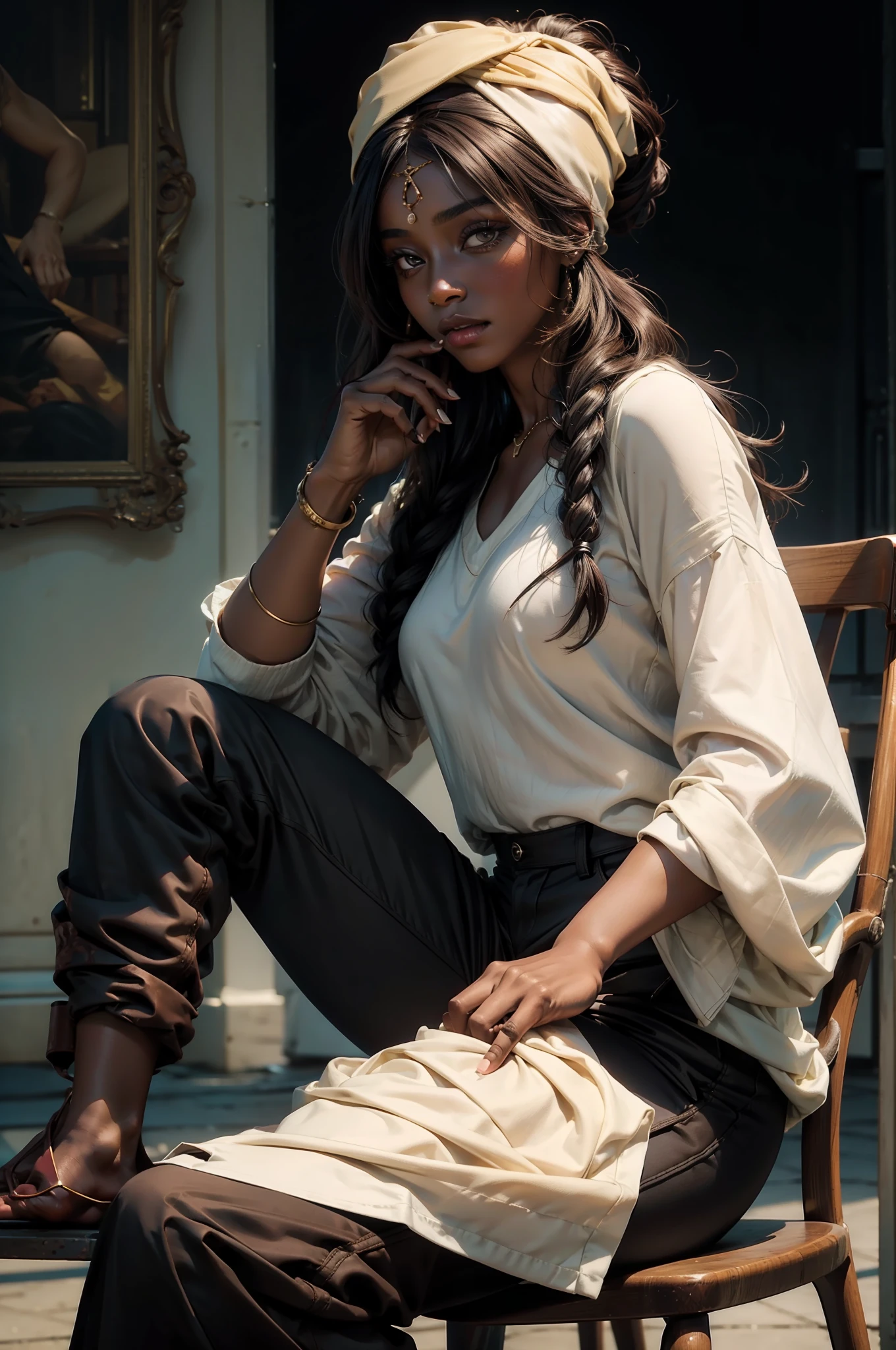 (ultra realistic, masterpiece) A young woman ((chocolate skin)) ((wearing a turban headband)) with flowing (black hair) sits in a chair wearing ((black pants))
