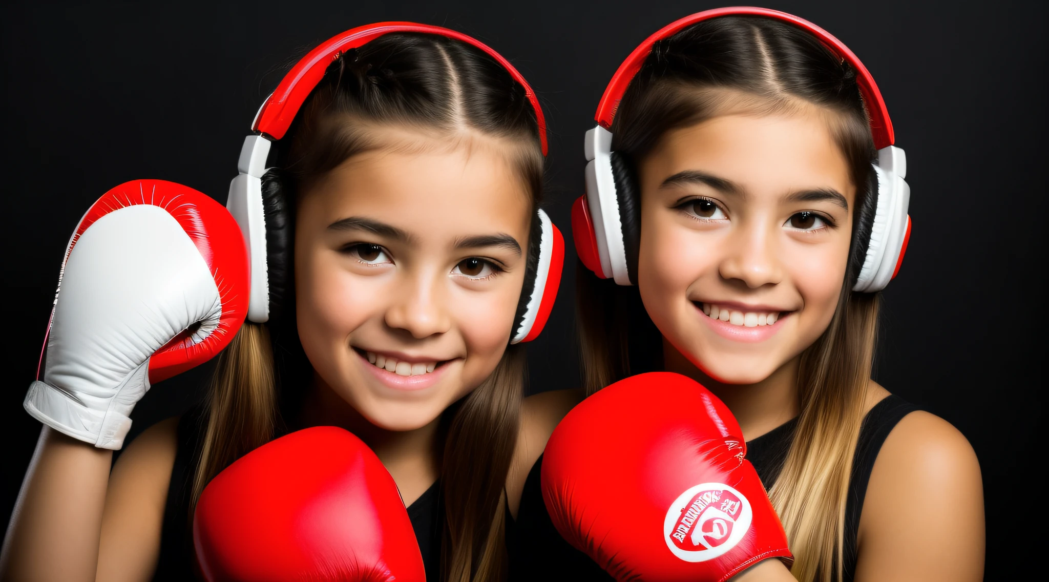 KIDS BLONDIE LONG HAIR BRAIDS girl wearing headphones and boxing gloves with her hands in the air, menina S usando fones de ouvido, foto de retrato, retrato de alta qualidade, advertising photo, arte oficial, em um ringue de boxe, usando fones de ouvido roxos, foto de retrato detalhada, com fones de ouvido, foto de retrato em close-up, retrato da menina de glowwave