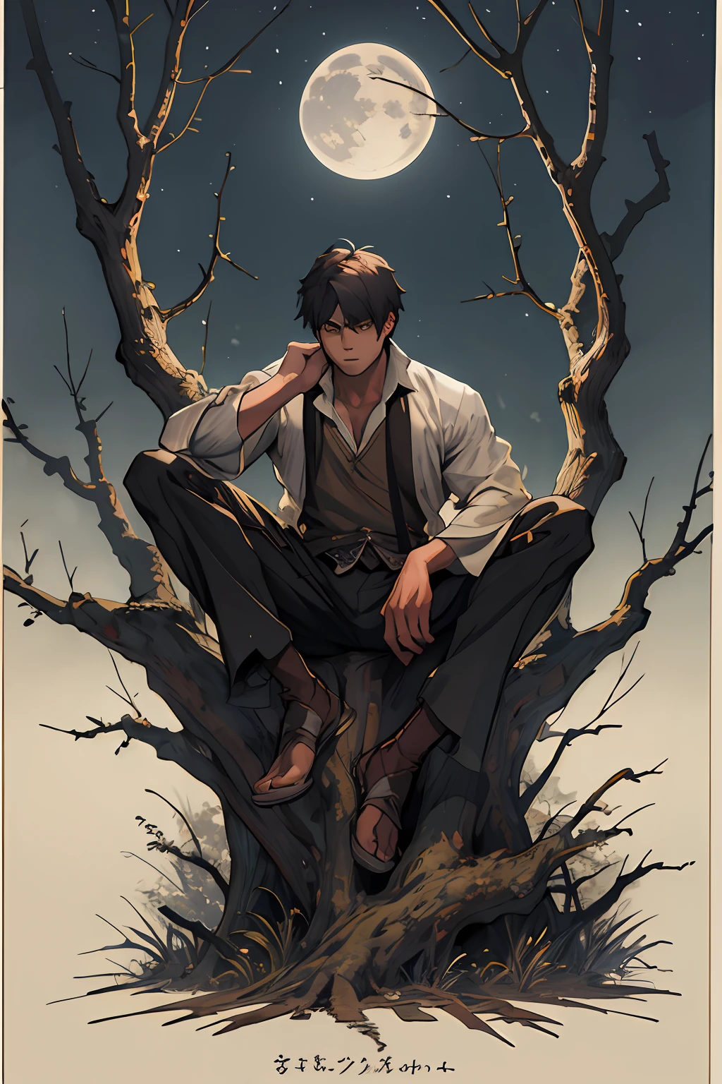 Draw a young man sitting tree at night holding a sword with partially torn clothing