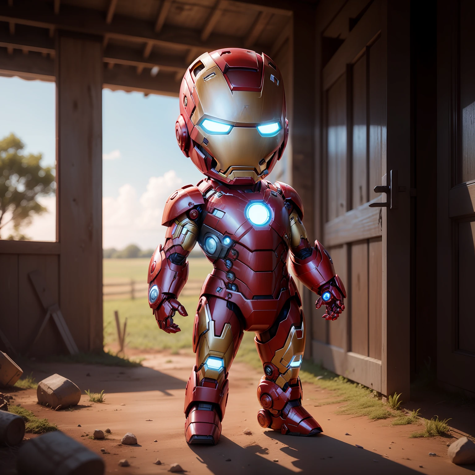 iron man abandoned on a farm,............3d,4D,Ultra realista, Uplighting,sombria mentos,detalhes na pele