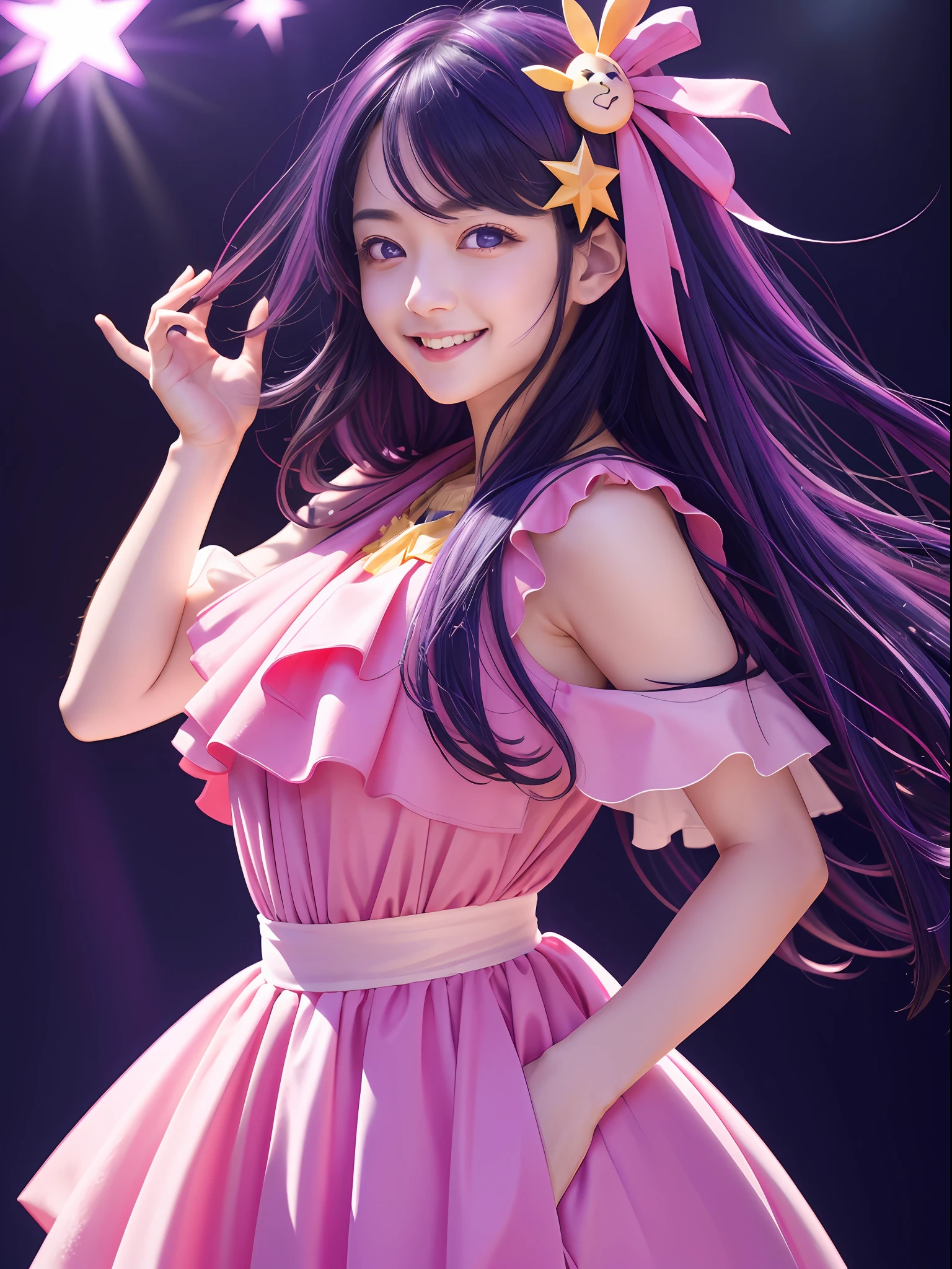 hoshino Ai, europe youth, long hair, purple hair, streaked hair ,purple eyes, (star-shaped pupils:1.2), (hair ornament:1.2),  star-shaped pupils, (1 girl), (masterpiece, best quality:1.4), (modern days), 1girl, solo, pov, sfw, stunning girlfriend, (standing:1.1), dynamic pose, highly detailed skin, skin pores, subsurface scattering, medium breast, loving smile, full body, wide shot, singing on a performance, pink idol dress, full lips, detailed background, depth of field, atmospheric perspective, volumetric lighting, sharp focus, absurdres, realistic proportions, good anatomy, (realistic, hyperrealistic:1.4), 16k hdr,