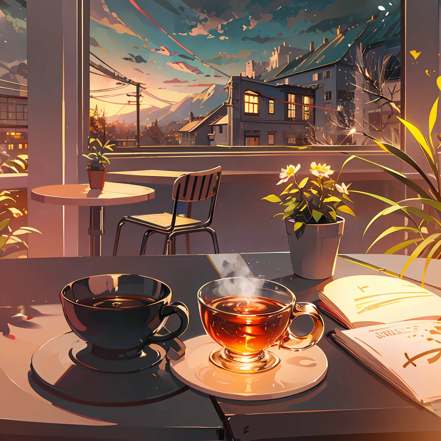 Healing cute style of natural landscape、vibrant illustrations、​masterpiece、Warm and bright sunny atmosphere in the background、Beautiful scenes、Inside the café、Tables and chairs、Stylish espresso machine、houseplant、coffee、jazz