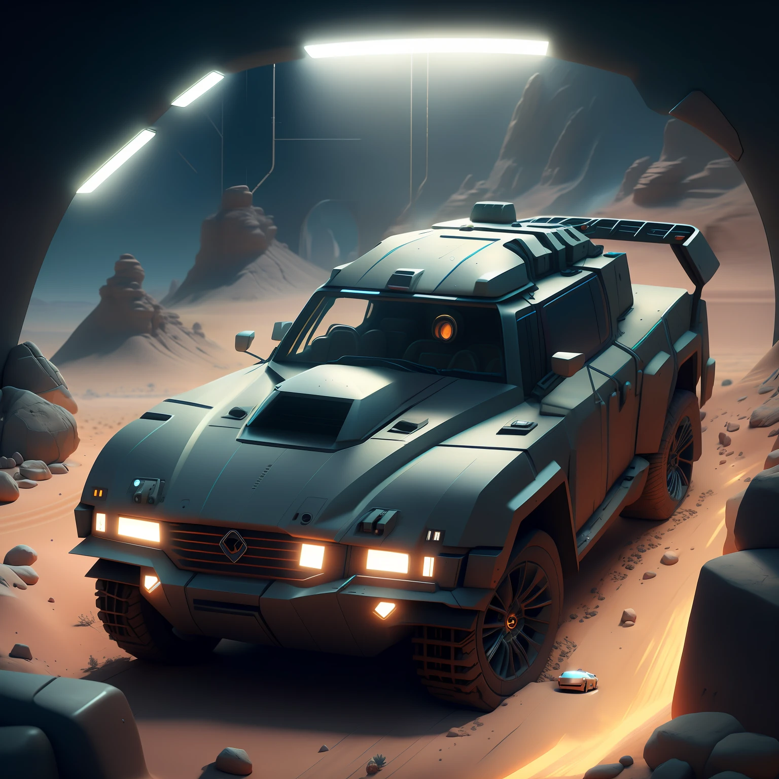 there is a car driving through a tunnel in the desert, 3 d octane render conceptart, octane cgsociety, daniel maidman octane rendering, 8 k high detail concept art, octane. trending on artstation, rolands zilvinskis 3d render art, concept art 8 k, octane trending on cgsociety, concept art octane render, 8 k concept art