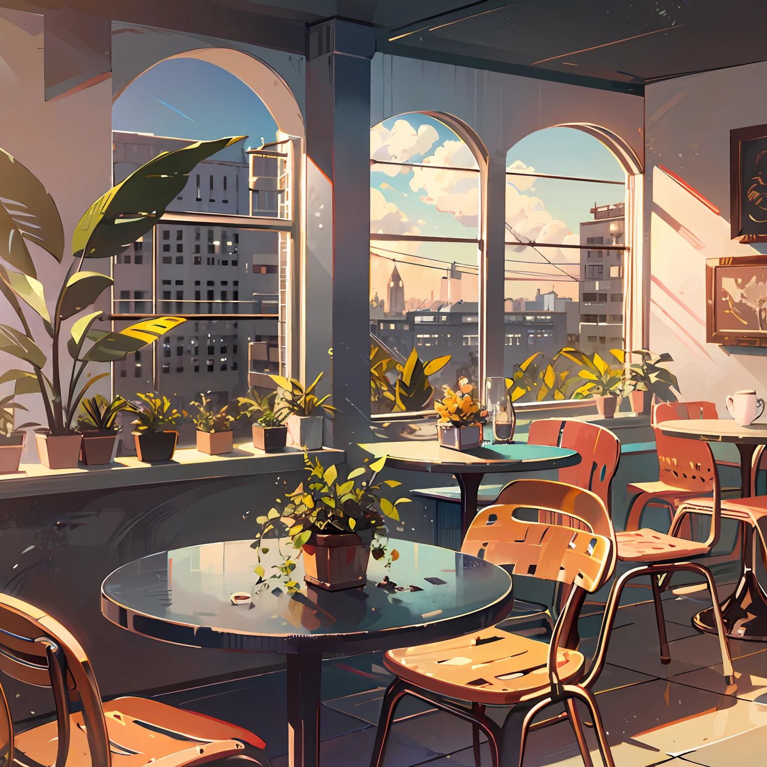Healing cute style of natural landscape、vibrant illustrations、masterpiece、Warm and bright sunny atmosphere in the background、Beautiful scenes、Inside the café、Tables and chairs、Stylish espresso machine、houseplant、coffee、jazz