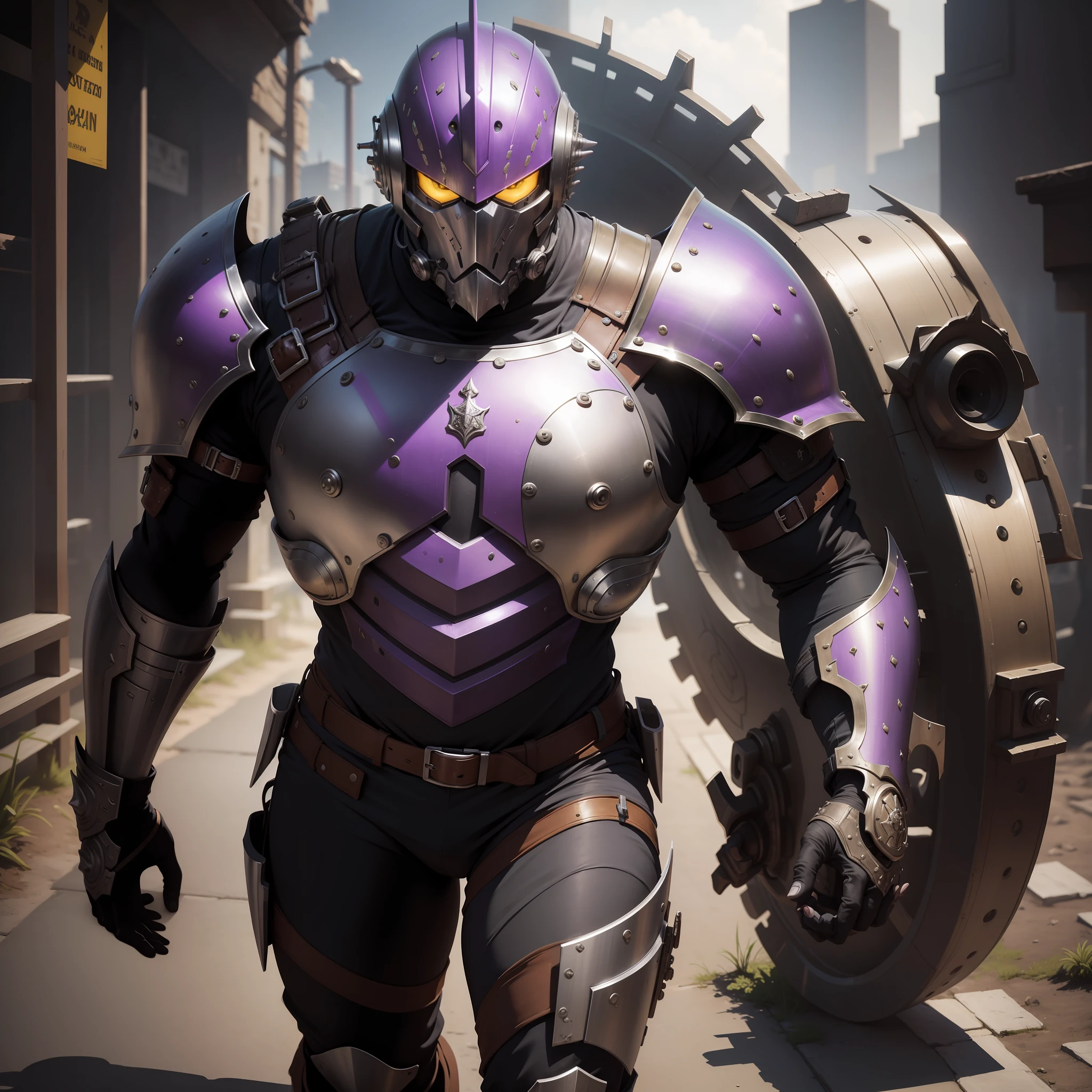Um homem alto e forte numa armadura medieval cyberpunk roxa, (ultra realista), capacete cobrindo todo o rosto de corpo todo, olhos roxo escuro, segurando uma foice, armadura medieval, medieval armor, full body