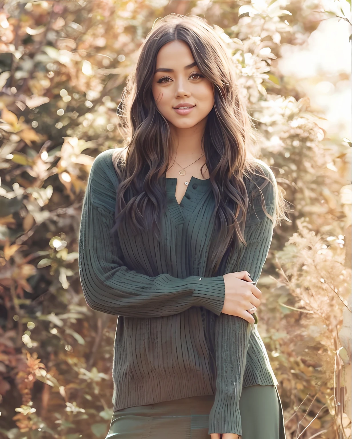 A woman in a green sweater and skirt posing for a photo, gorgeous female jade tailor, Chloe Bennet, Pokimane, Isabela Moner, mulher linda, modelo bonito, menina bonita, linda senhora, wearing a green sweater, Photo Session, Jamie Chung, Foto promocional, summer glau, mulher deslumbrante, camisola cinzenta, promo ainda, Beautiful woman, Joana Gaines