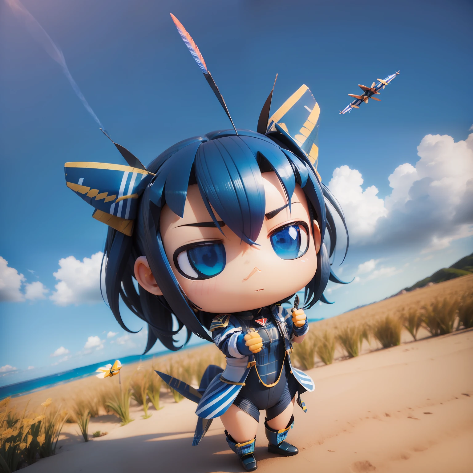 (((field of figher
blue impulse aerobatic flight))),tropical summer beach.(((chibi3d)))