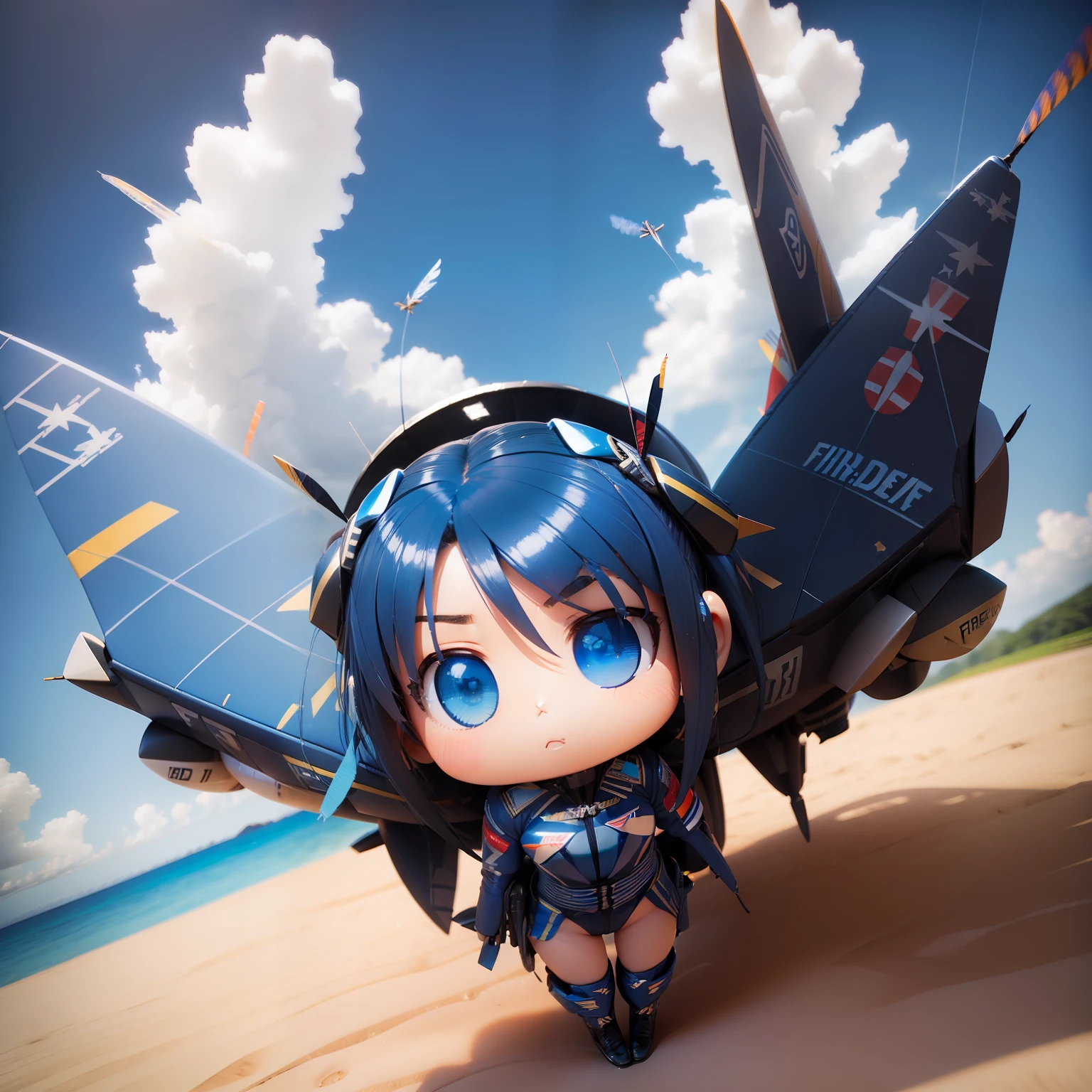 (((field of figher
blue impulse aerobatic flight))),tropical summer beach.(((chibi3d)))