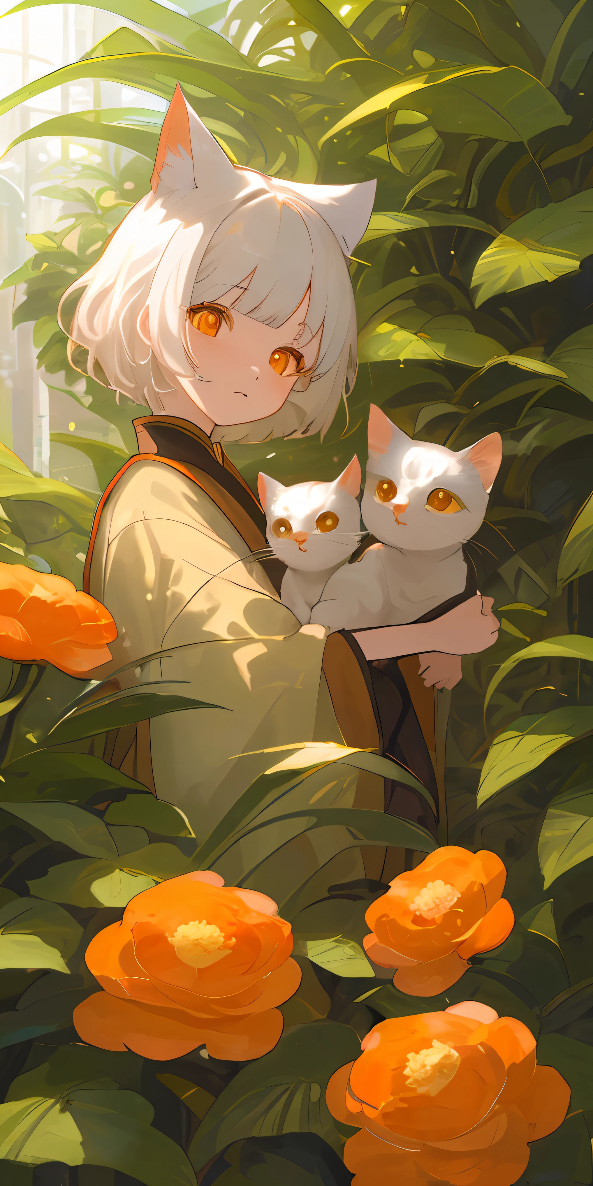 (4k、​masterpiece、top-quality)、One girl surrounded by warm plants and flowers、calico cat、cat ear、white  hair、Orange eyes、short-hair、(((Half Twin)))、I'm holding a cat