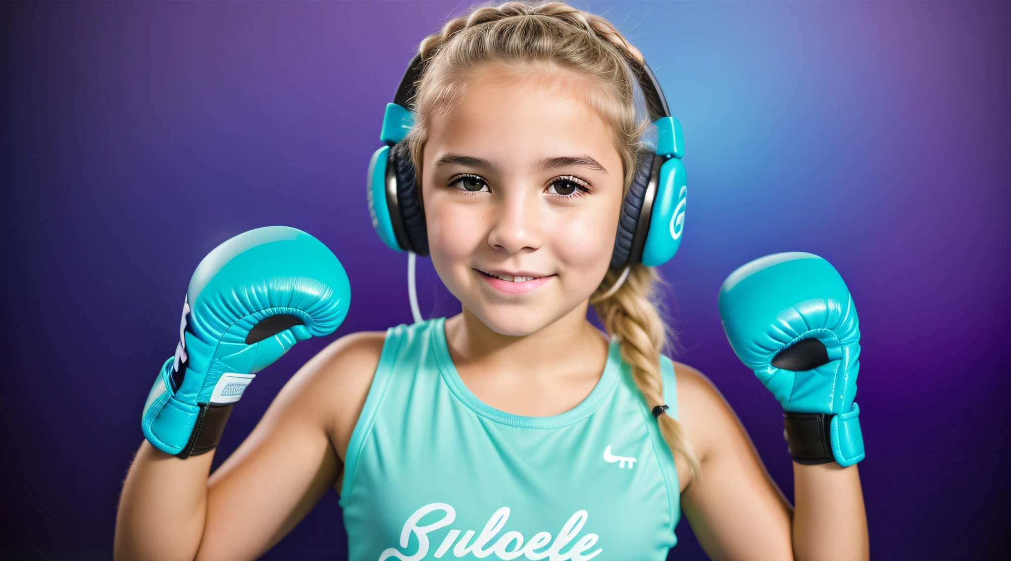 GIRL ???? BLONDE, wearing headphones and boxing gloves with hands in the air, menina usando fones de ouvido, foto de retrato, retrato de alta qualidade, advertising photo, arte oficial, em um ringue de boxe, usando fones de ouvido roxos, foto de retrato detalhada, com fones de ouvido, foto de retrato em close-up, retrato da menina de glowwave