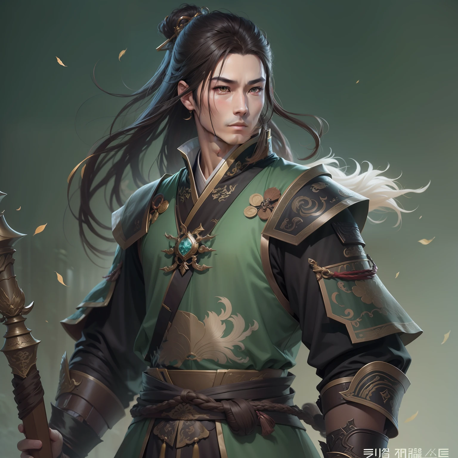 a close up of a man in his 30's, with brown eyes eyes and brown hair, wearing a green and black outfit, a hero in wuxia style, with brown eyes, martial artist holding a staff, standing in a chinese monastary, new costume concept design, in the style of blade and soul, full body character concept, detailed character design, inspired by Yang Jin, inspired by Li Mei-Shu, chinese costume, inspired by Lan Ying, inspired by Sim Sa-Jeong, inspired by Li Tang, lunar themed attire, costume with blue accents, inspired by Ju Lian, colored concept art, highly detailed character design, highly detailed face, inspired by Ai Xuan, very highly detailed face, unreal engine render, final fantasy 14 style, inspired by Leng Mei