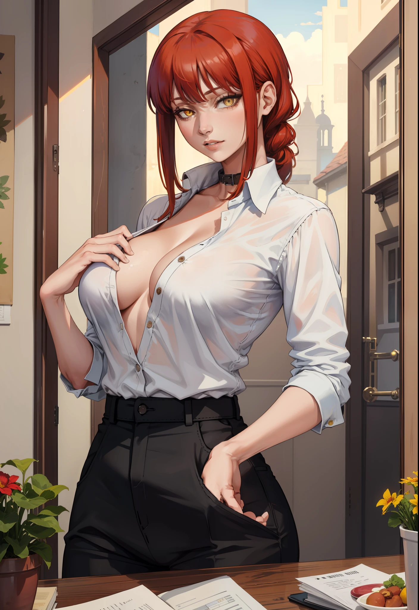 (masterpiece, best quality:1.2), solo, 1girl, red hair, yellow eyes, makima,, unbuttoned shirt with collar, on the chest, a lot of, black unbuttoned pants, wide hips,