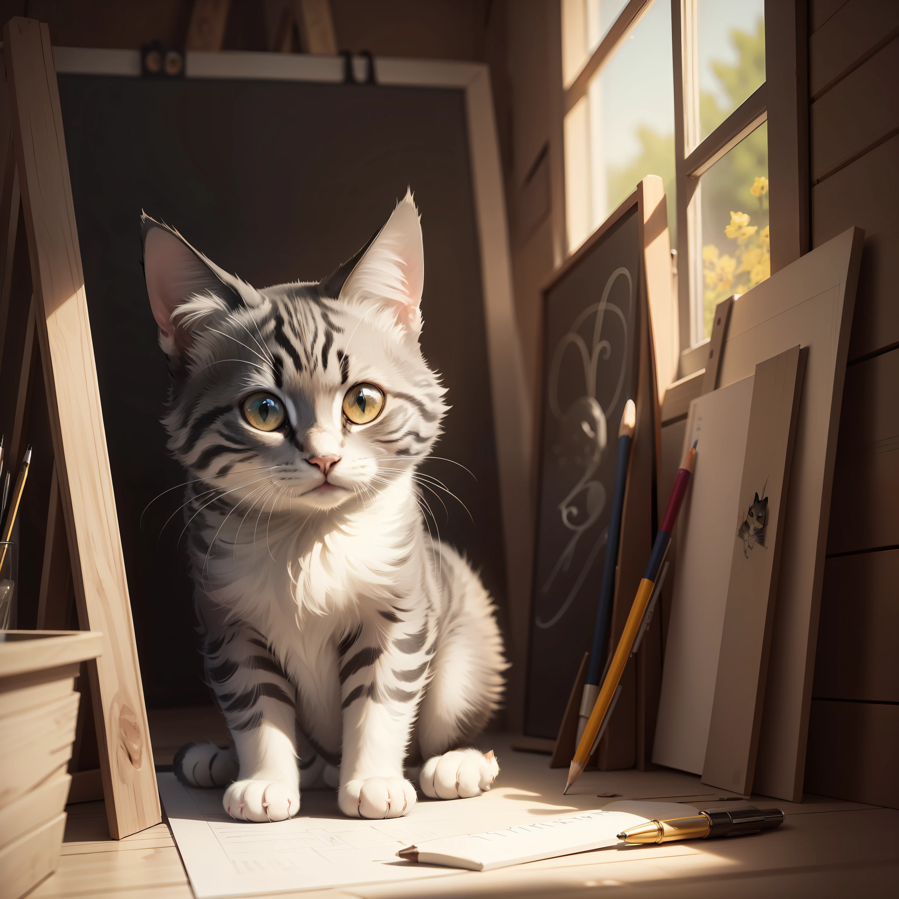 a little cat, art studio, Van Gogh art, high resolution, 4k, fantasy drawing, pencil strokes, black and white
