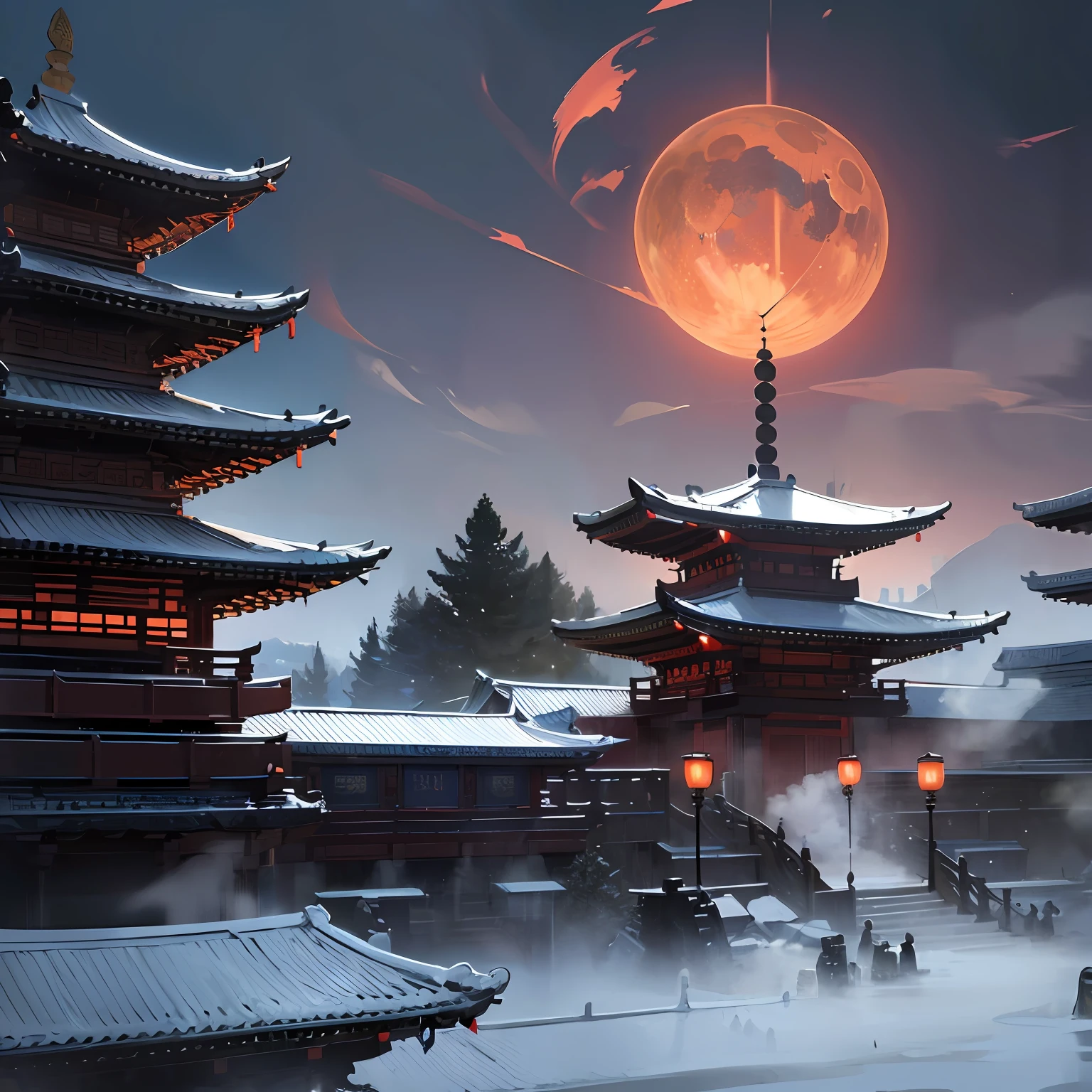 Chinese temples, (mysterious black fog), (ghosts), (corpses), (ancient monsters)), glazed tiles, Buddha statues, lanterns, absurdity, realistic lighting, (abyss) masterpieces, high quality, exquisite graphics, high detail, Far North, blizzard