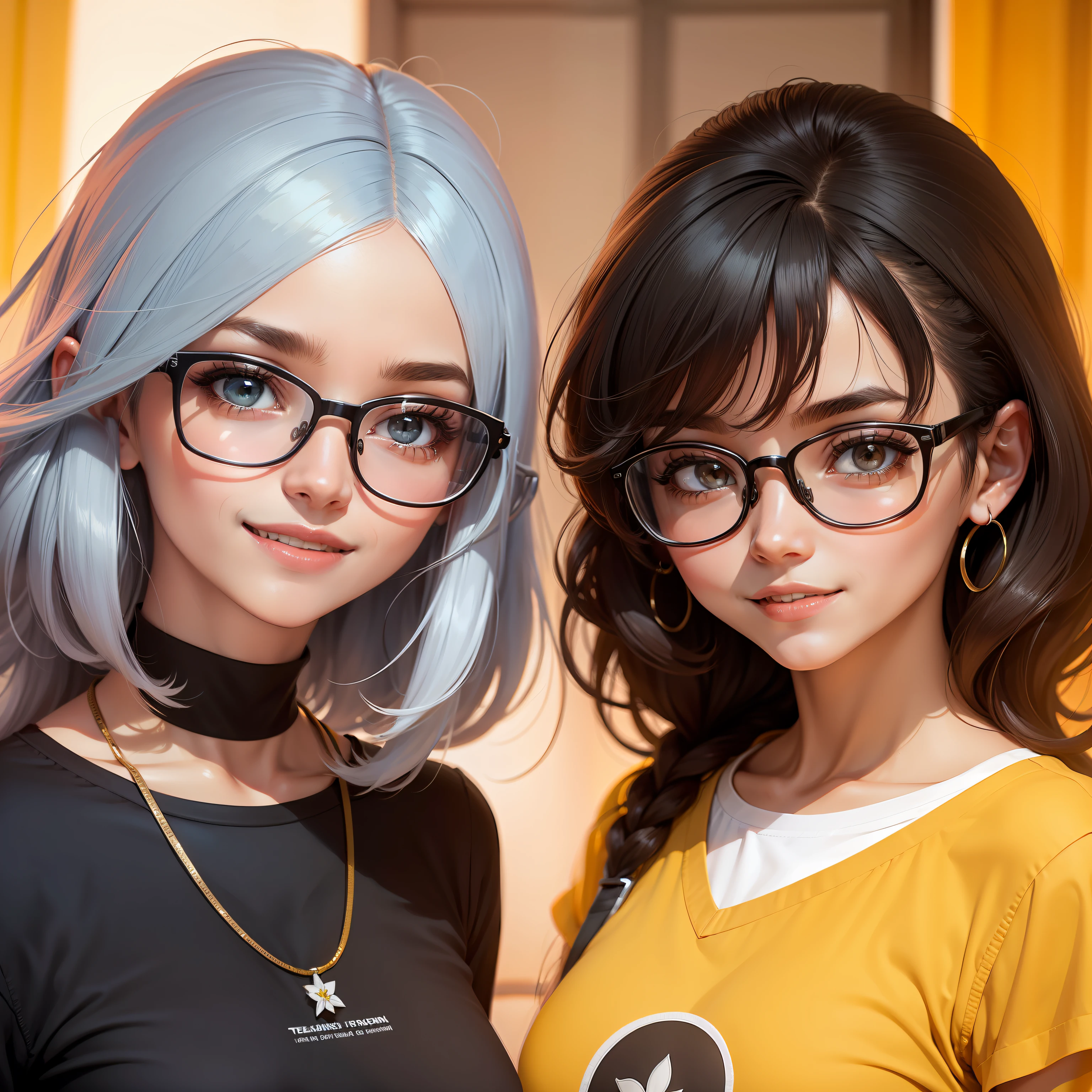 2d, menina, cabelos escuro, amarrados, bespectacled, com roupas escuras, olhos escuros, sorrindo, sozinha, olhando para os telespectadores