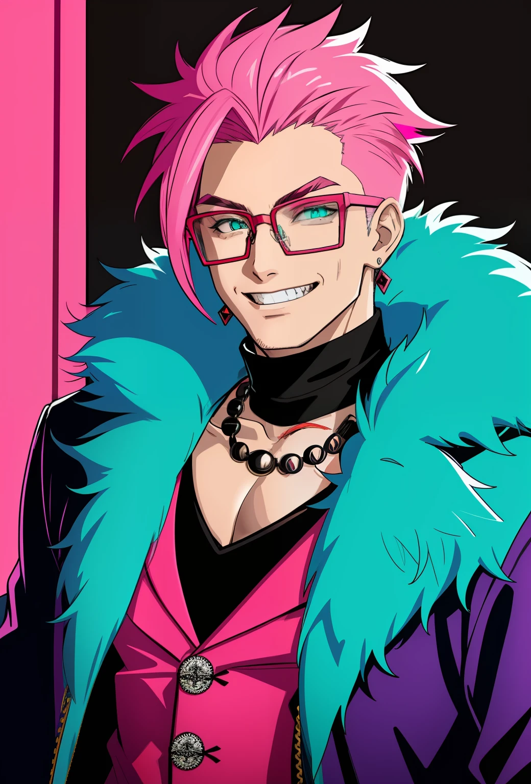 man in his 30s, flamboyant turquoise hair with pink tips, street wear style clothing, with round glasses with red lenses, megalomaniac smile, vampire teeth, villain, wearing large fur coat